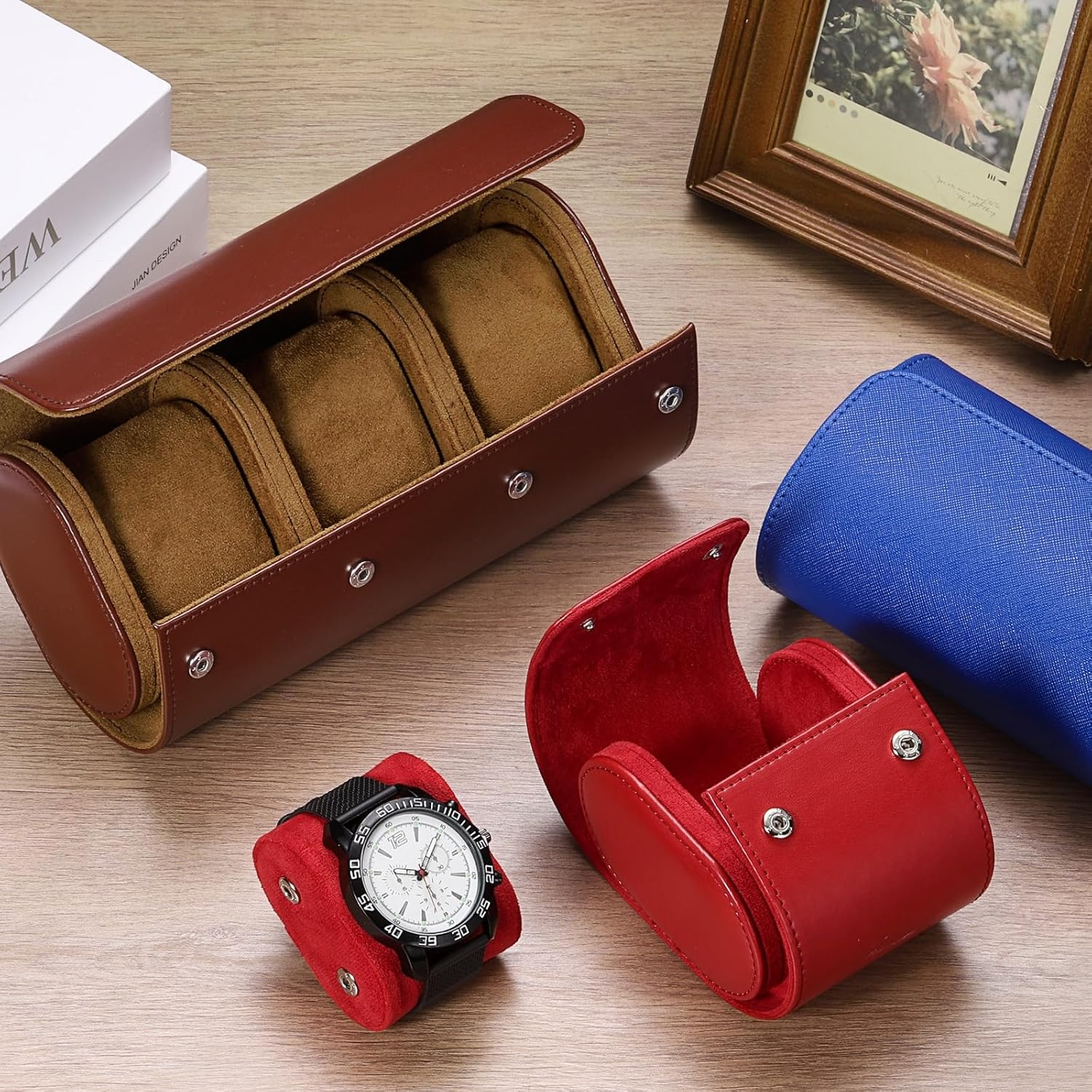 PATIKIL Watch Roll Travel Leather Case, Portable 3 Watch Roll Box with Pillow for Men Women Home Storage Display Gift Storaging Organizer, Green
