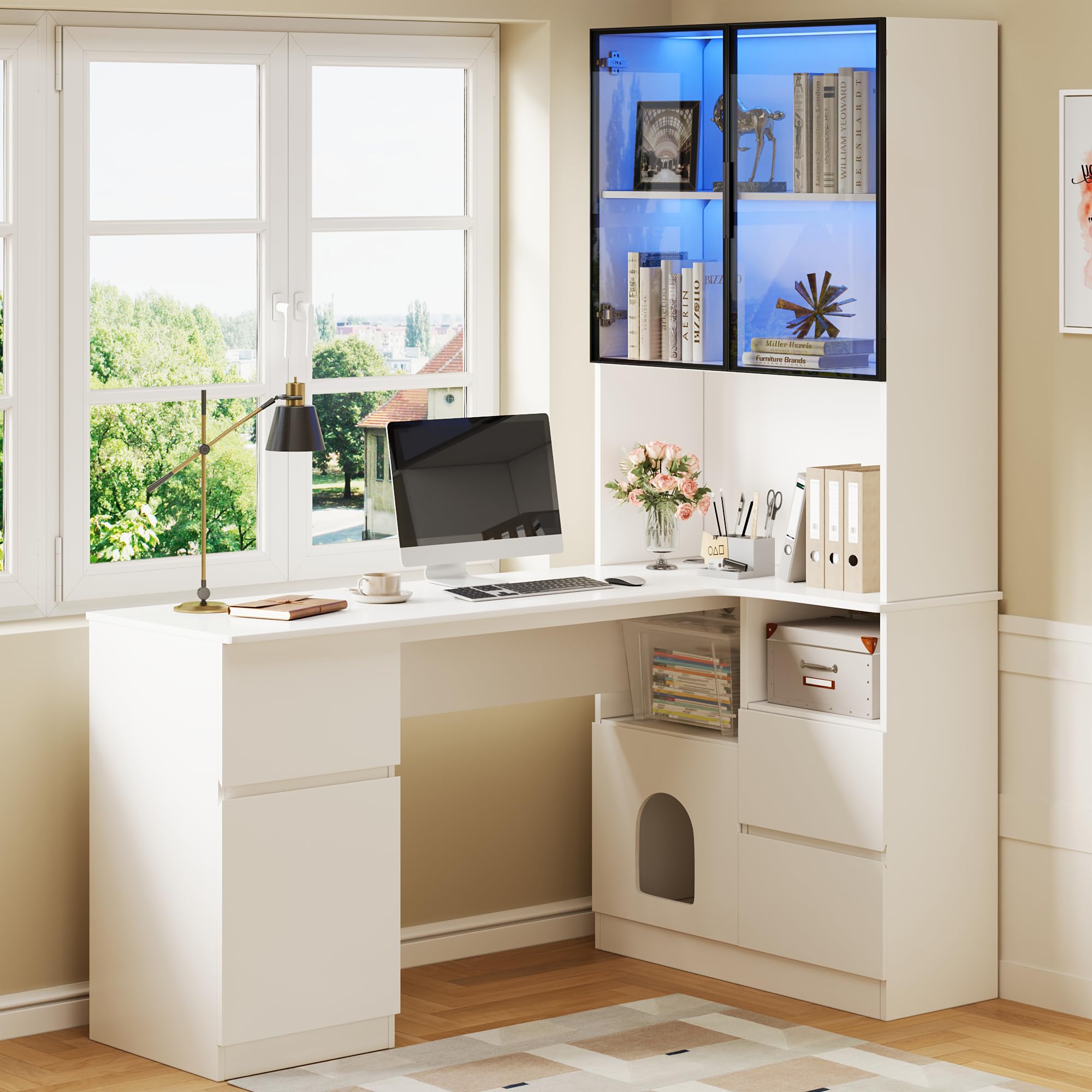 Scrivania angolare con ripiano e vetrina a LED – scrivania con gestione dei cavi, scrivania angolare con libreria integrata (Bianco - Destra, 120×80×180 cm)