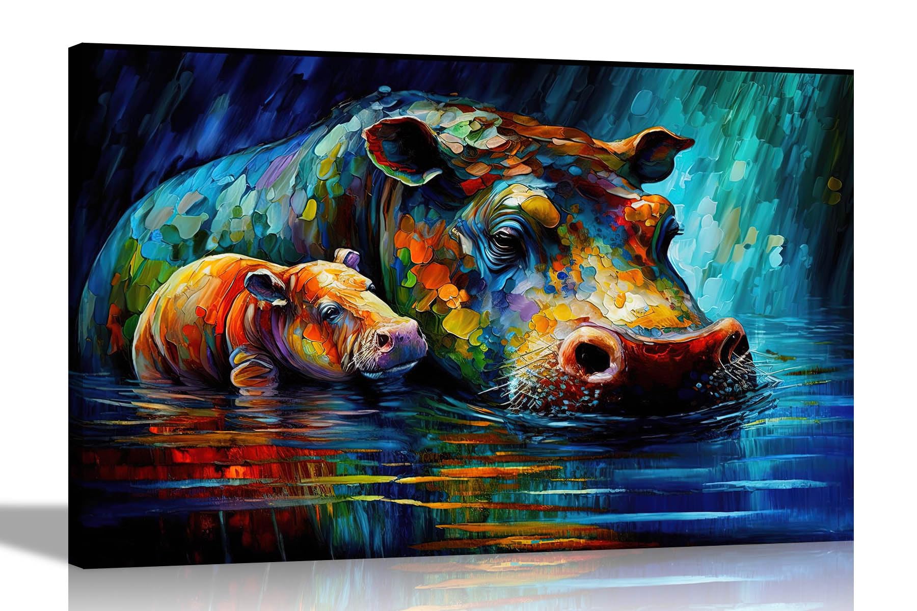 Artley Prints - Hippo in Pond with Infant Abstract Canvas Pictures for Living Room, Bedroom, Hallwayor Kitchen - Colourful Prints 51 x 35cm (20 x 14 inches)
