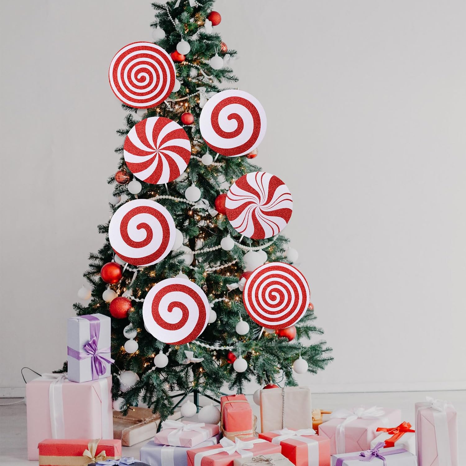 8 Pcs 8 Inch Christmas Glitter Peppermint Lollipop Tree Picks for Candy Picks Ornaments Red and White Ornaments, Plastic Candy Tree Topper for Xmas Holiday Party Vase Decor