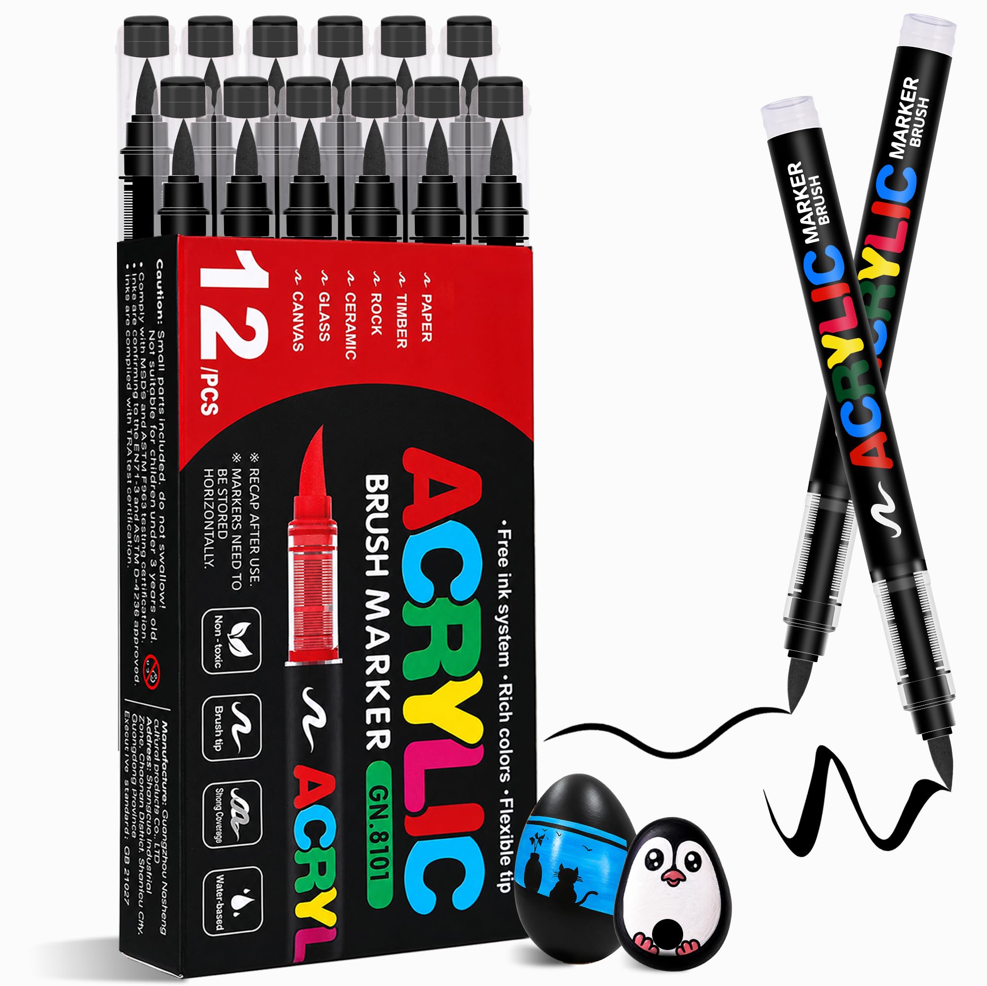 Acrylic Paint Markers Brush Tip 12 Black, Automatic Ink Control, No-Bleed