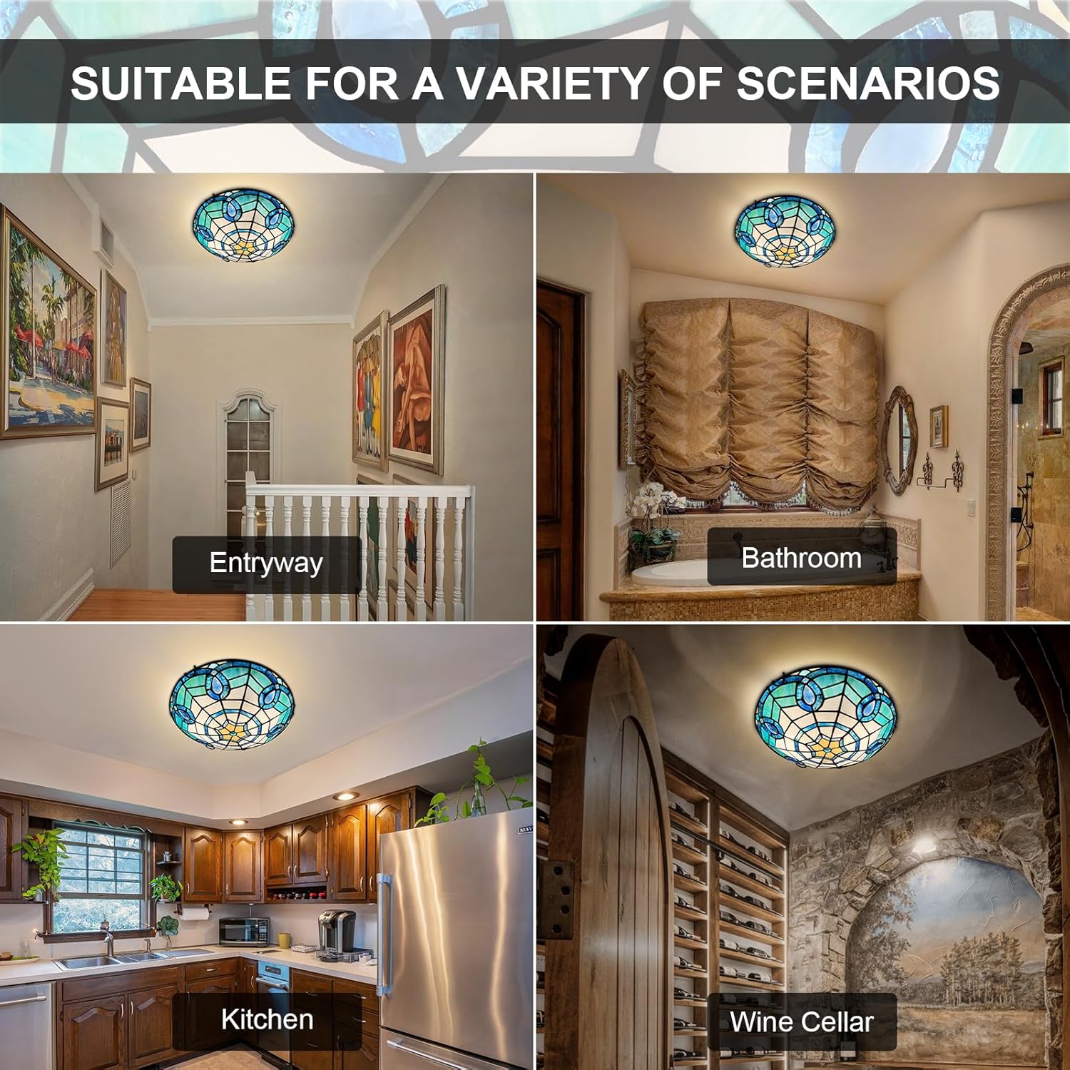 ARTZONE Tiffany Ceiling Lights, Stained Glass Ceiling Light 2-Lights 12 Inch Tiffany Flush Mount Ceiling Light for Bedroom Dining Living Room Entryway Foyer