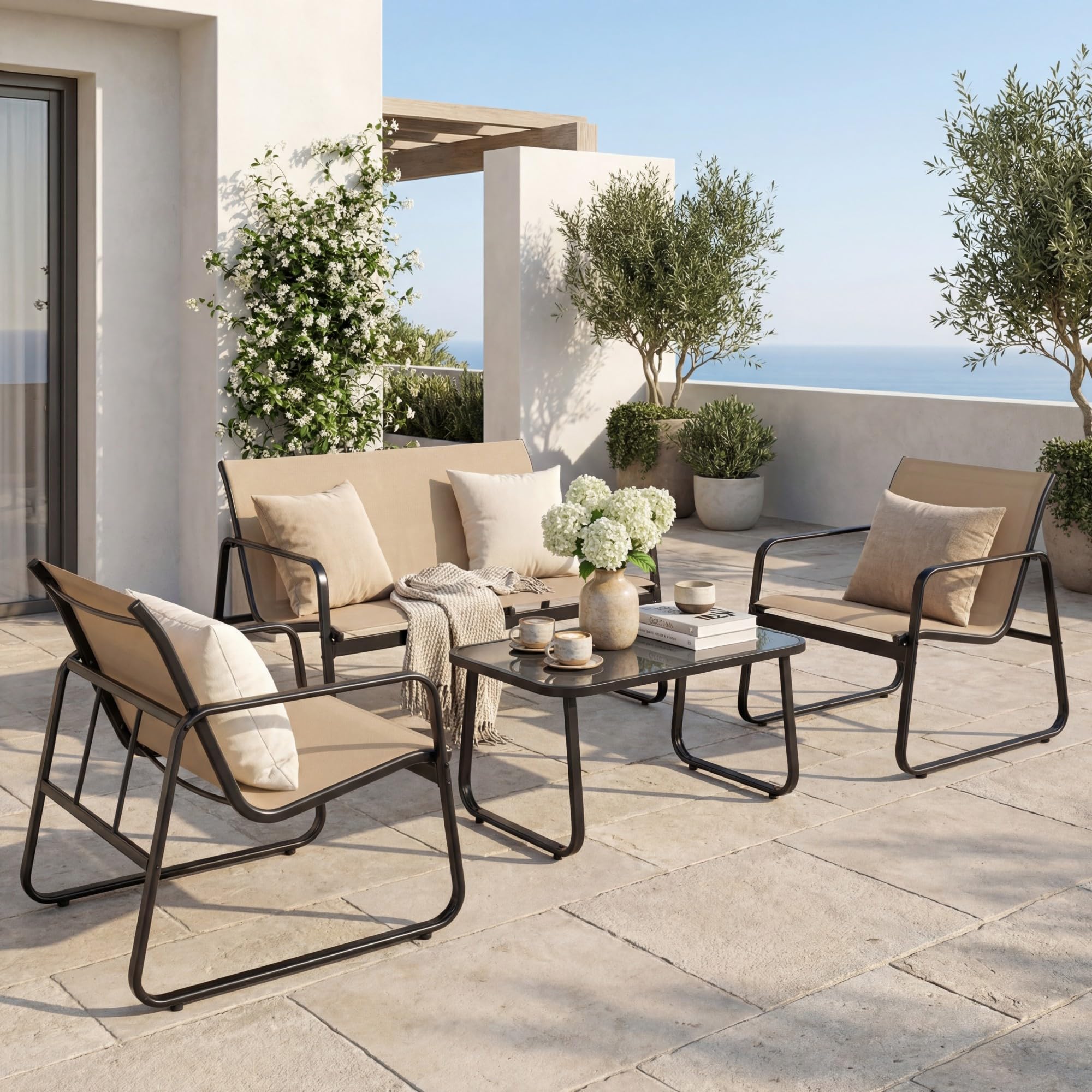 GIANTEX 4-częściowy zestaw mebli ogrodowych, 1 sofa 2-osobowa, 2 krzesła, 1 stół ze szkła hartowanego, stabilna metalowa rama, zestaw mebli ogrodowych na patio, ogród, podwórko (brązowy)
