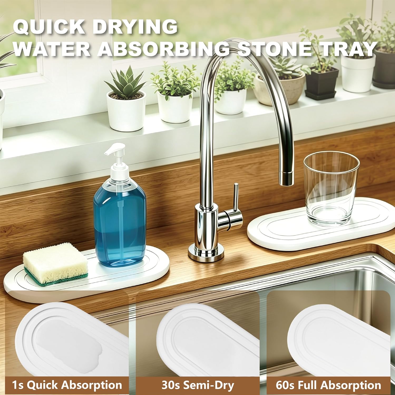 2PCS Quick Dry Water Absorbing Stone Tray, Natural Diatomite Sink Tray for Kitchen Counter, Bathroom Vanity Organizer, Faucet Mat, Soap Dish & Bar Coaster