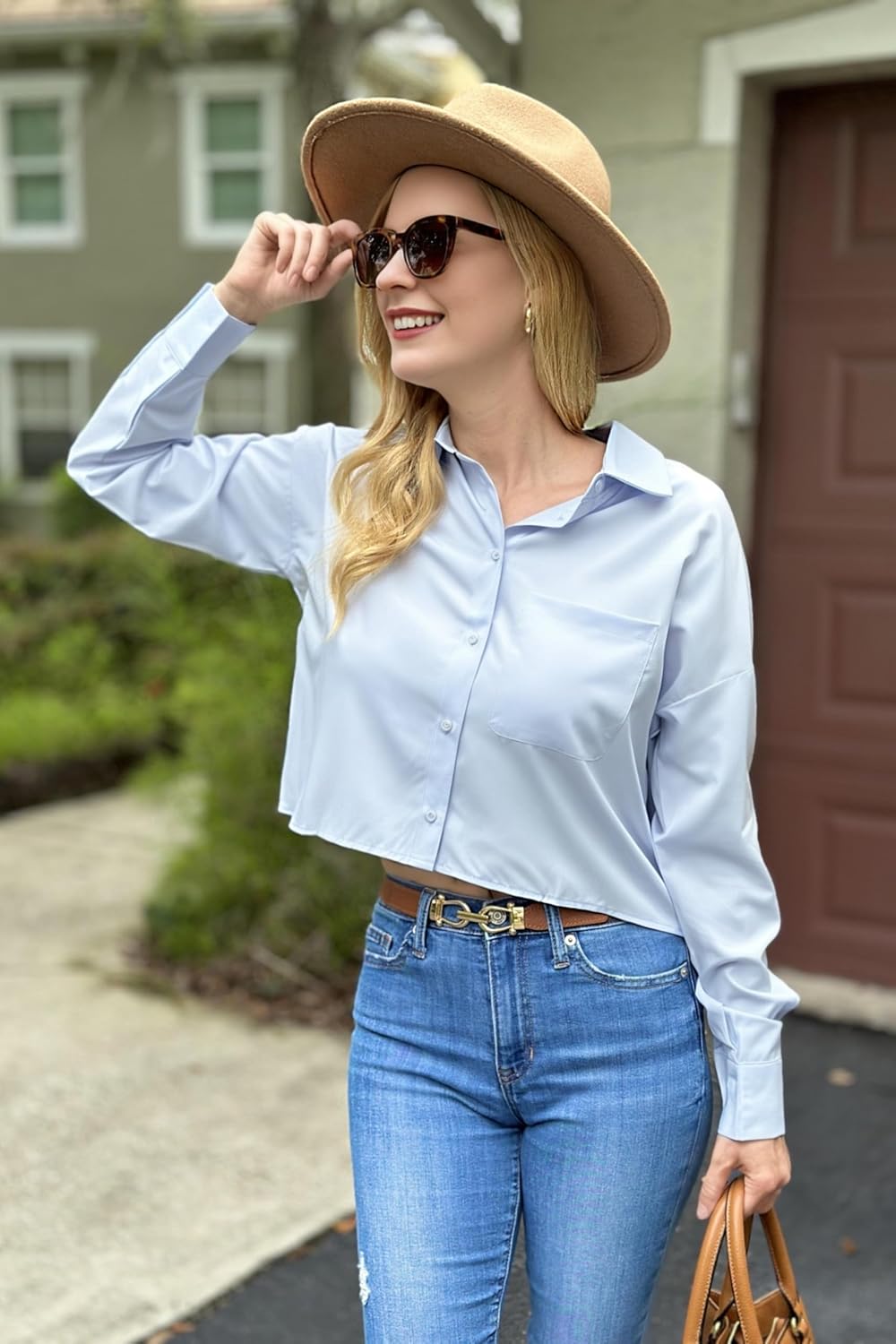 Women Cropped Button Down Shirts Long Sleeve Blouses Casual Work Crop Tops with Chest Pocket - Image 3