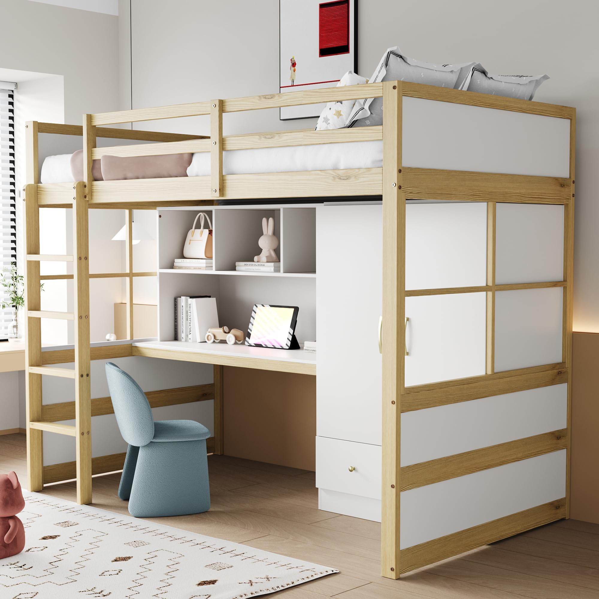 Letto a soppalco 90 x 200 cm – Con scaletta, scrivania con vani contenitore, armadio e cassetti – Letto per bambini/Letto per ragazzi/Letto singolo (I)