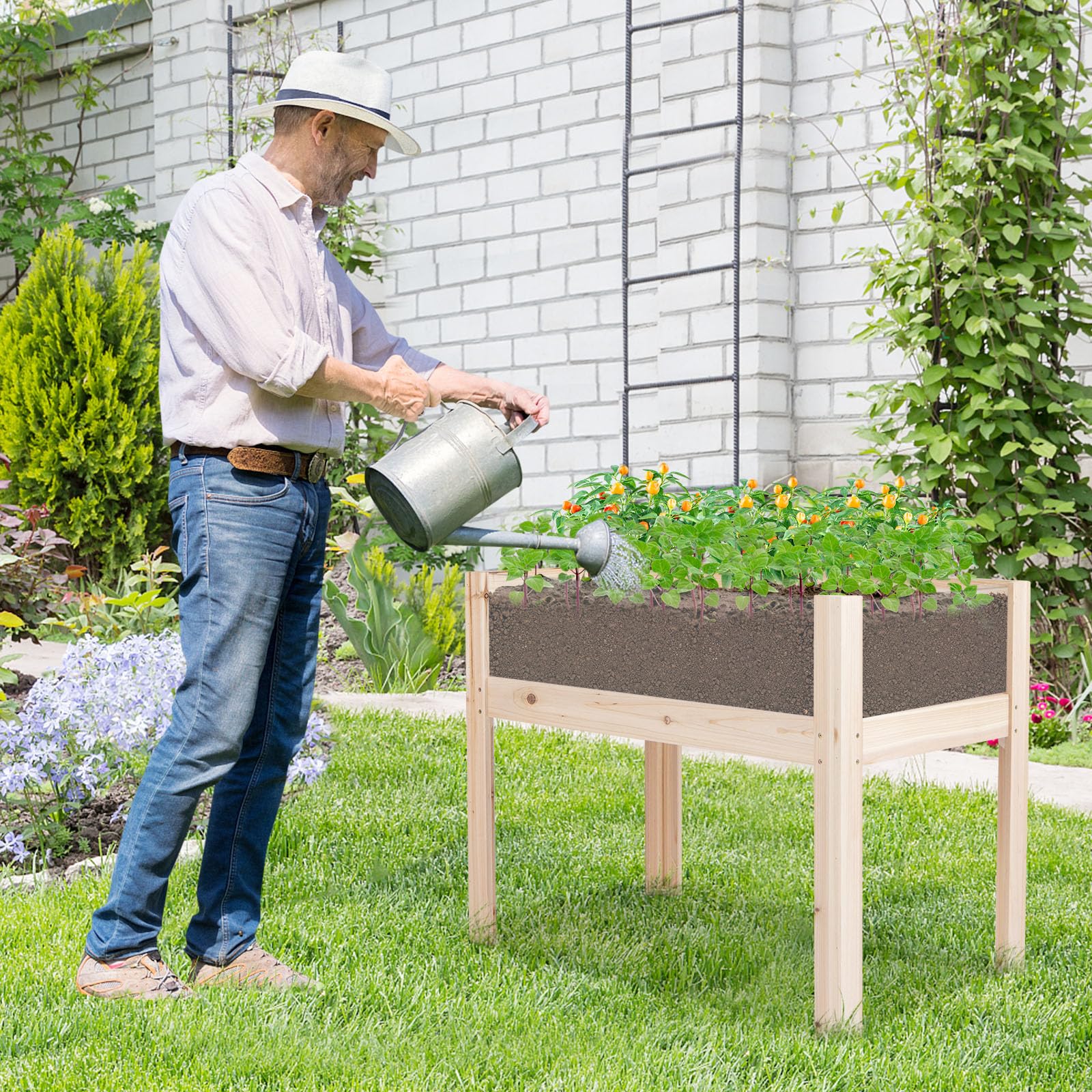 HOMASIS Huerto Elevado de Madera de Abeto con losa acrílica, Cama elevada para Mascotas con 2 Agujeros de Drenaje, Jardinera elevada con Volumen de 50L para balcón, jardín, Natural (100x59x77cm)