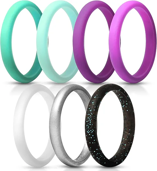 ThunderFit Stackable Silicone Wedding Rings for Women, Thin Rubber Engagement Bands 2.5mm Wide 1.8mm Thick - 1/2/3/4/5/7 Variety Multipack