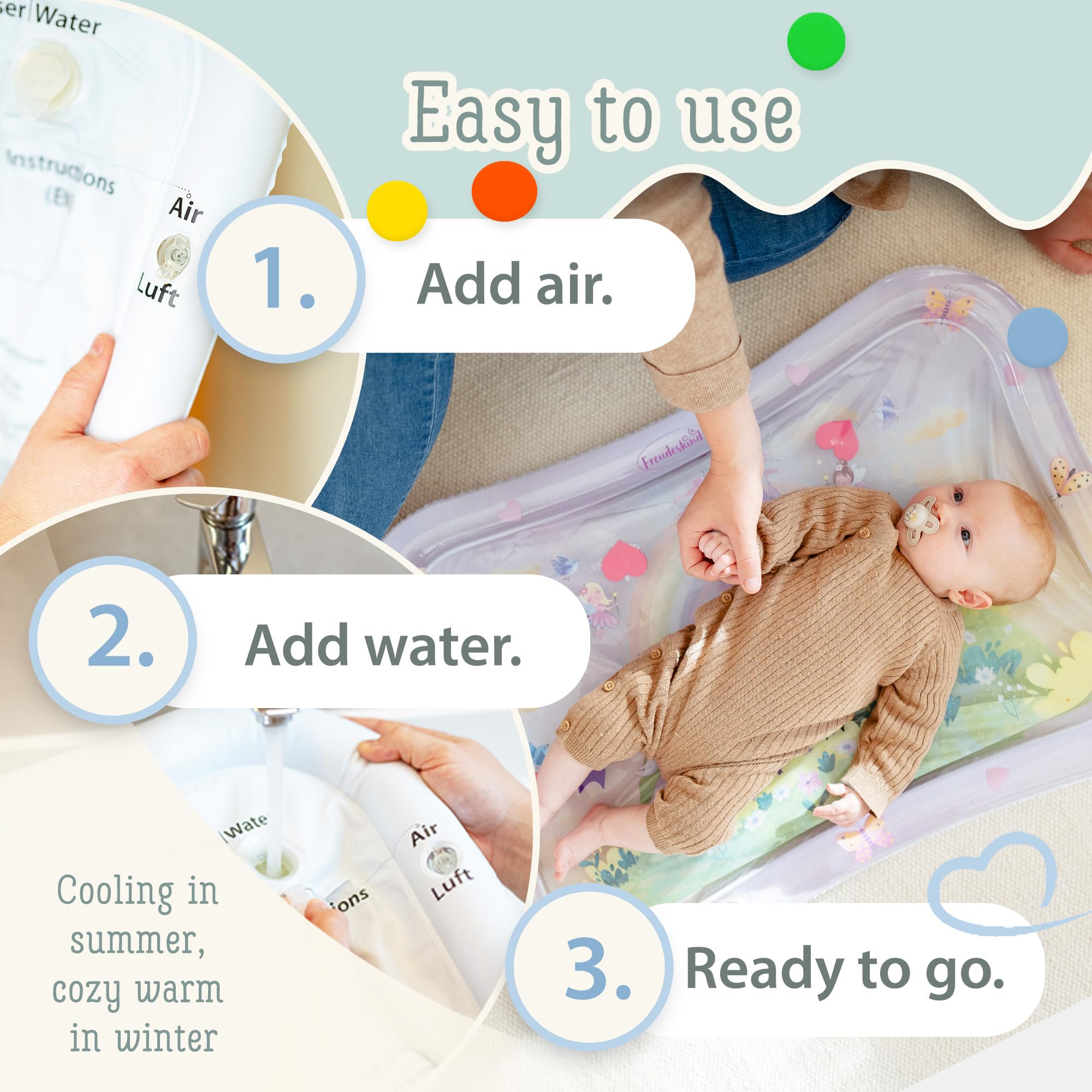 Mata wodna XXL TummyTime od Freudeskind – Nadmuchiwana mata do zabawy dla niemowląt – od 0-36 miesięcy – Sensoryczna mata Montessori – Zabawka na czas leżenia na brzuszku