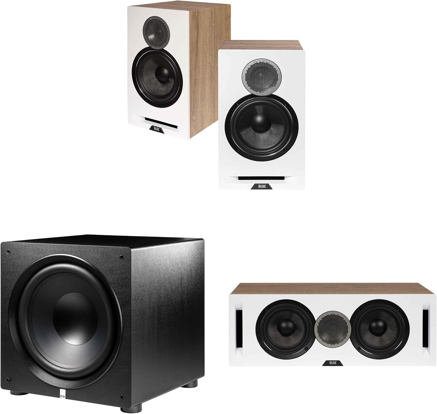 ELAC DBR62-W - Debut Reference 6.5" Bookshelf Speakers - White, Pair, DCR52-W - Debut Reference 5.25" Center Speaker - White PS500-BK - Varro Premium 15" 500 Watt Powered Subwoofer with