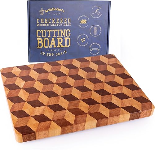 Tabla de cortar a cuadros 3D hecha a mano con pies, bloque de tabla de cortar de grano final para preparación y presentación, tabla de charcutería