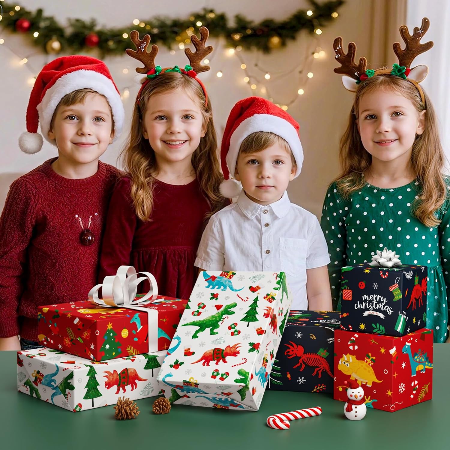 WERNNSAI Christmas Dinosaur Wrapping Paper Set - 10 Sheets 20" x 27" Dino Christmas Wrapping Paper Kids Xmas Gift Packing Supply for Boy Dino Theme Birthday Party Red Black Xmas Decor