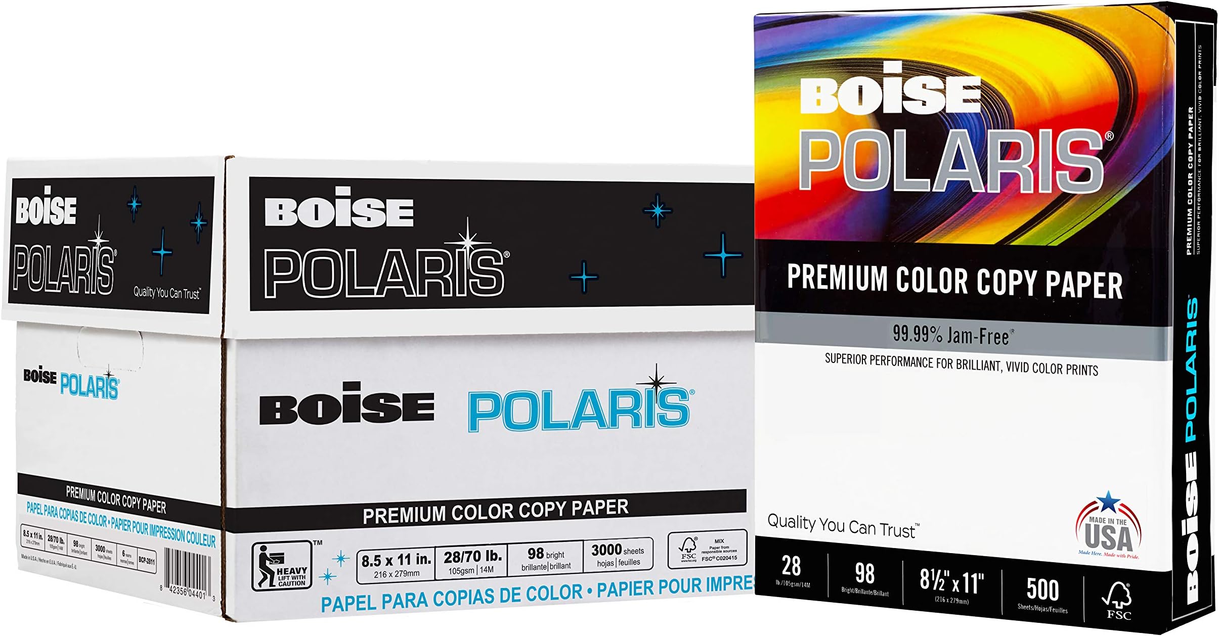 BOISE POLARIS® Premium Color Copy Paper, 8 1/2" x 11", Letter, 98 Bright White, 28 lb, 3000 Sheets/Carton