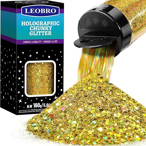 LEOBRO Brillantina dorada, 5.64 onzas  5.64 onzas holográfica gruesa para manualidades, resina, cuerpo de uñas, vasos, decoraciones de fiesta
