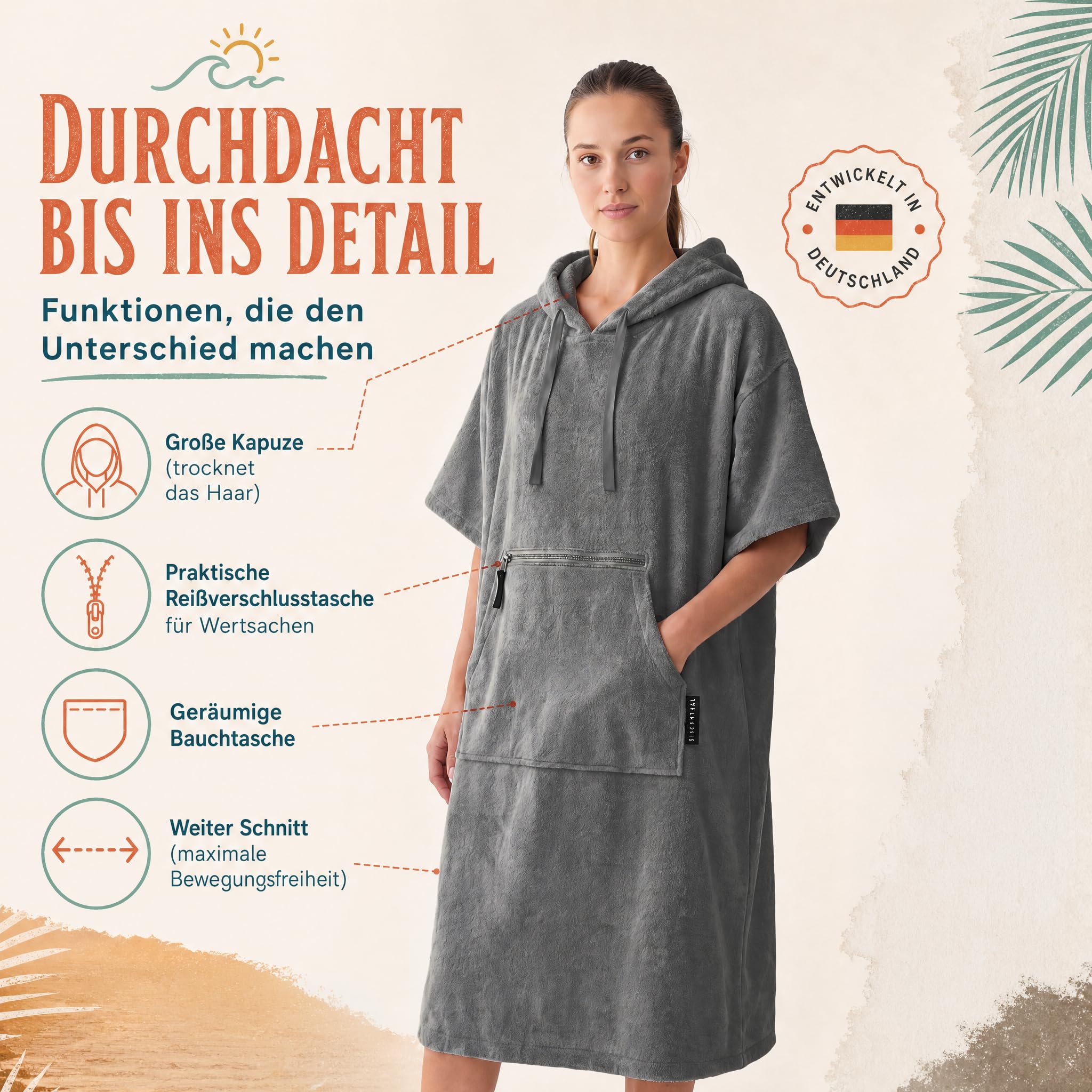 Strandponcho für Damen, Herren & Kinder – Badeponcho aus 100% Baumwolle, Surfponcho zum Umziehen mit Kapuze & Tasche für Strand, Sauna & Pool, Dunkelgrau, S/M