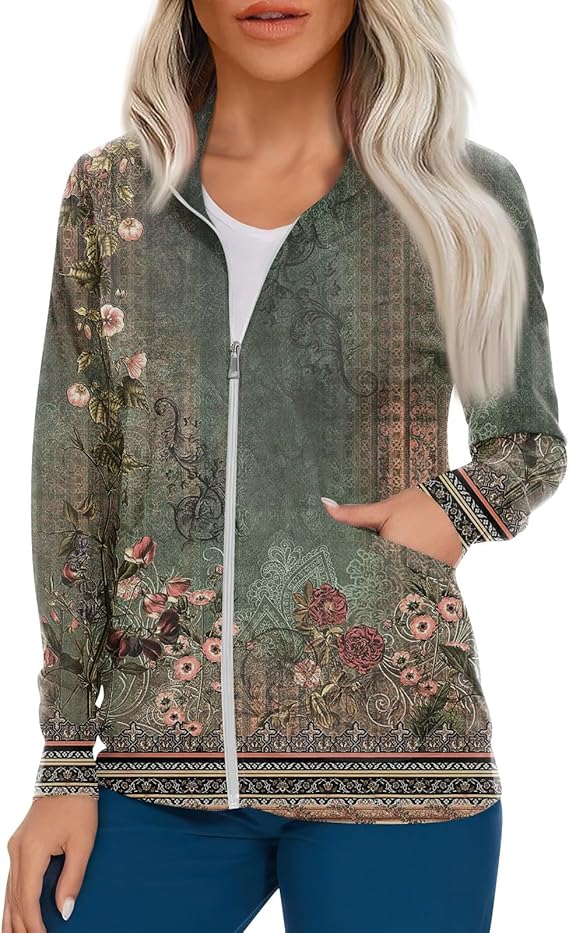 Scrub Jackets for Woman Zip Up Long Sleeve Tops Print Plus Size Womens Scrubs for Women Nursing Shirts with Pockets