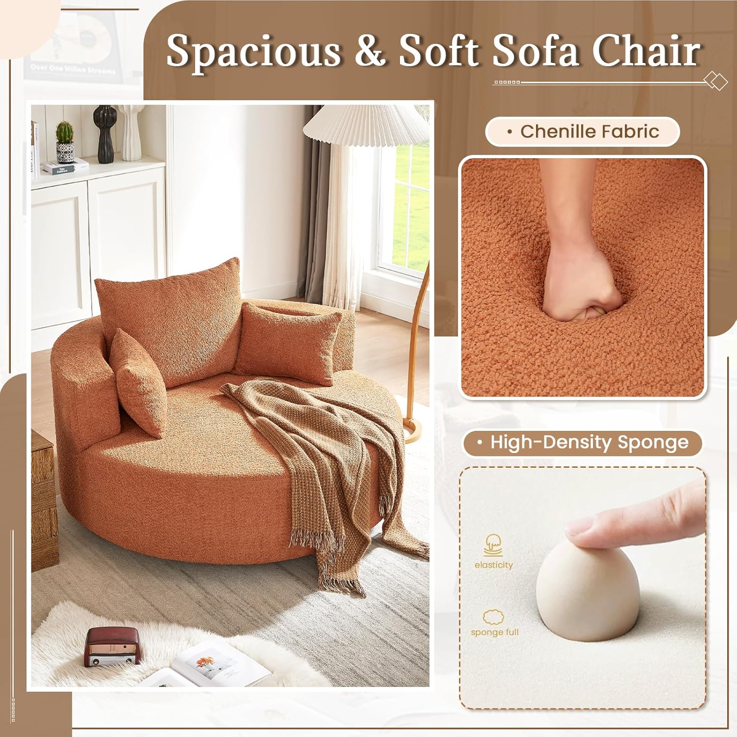55.1” Oversized Round Swivel Barrel Chair, Large Upholstered Accent Sofa Chair with 3 Pillow, Comfy Chenille Cloud Circle Reading Chaise Lounge Indoor for Living Room, Bedroom,Apartment,Red
