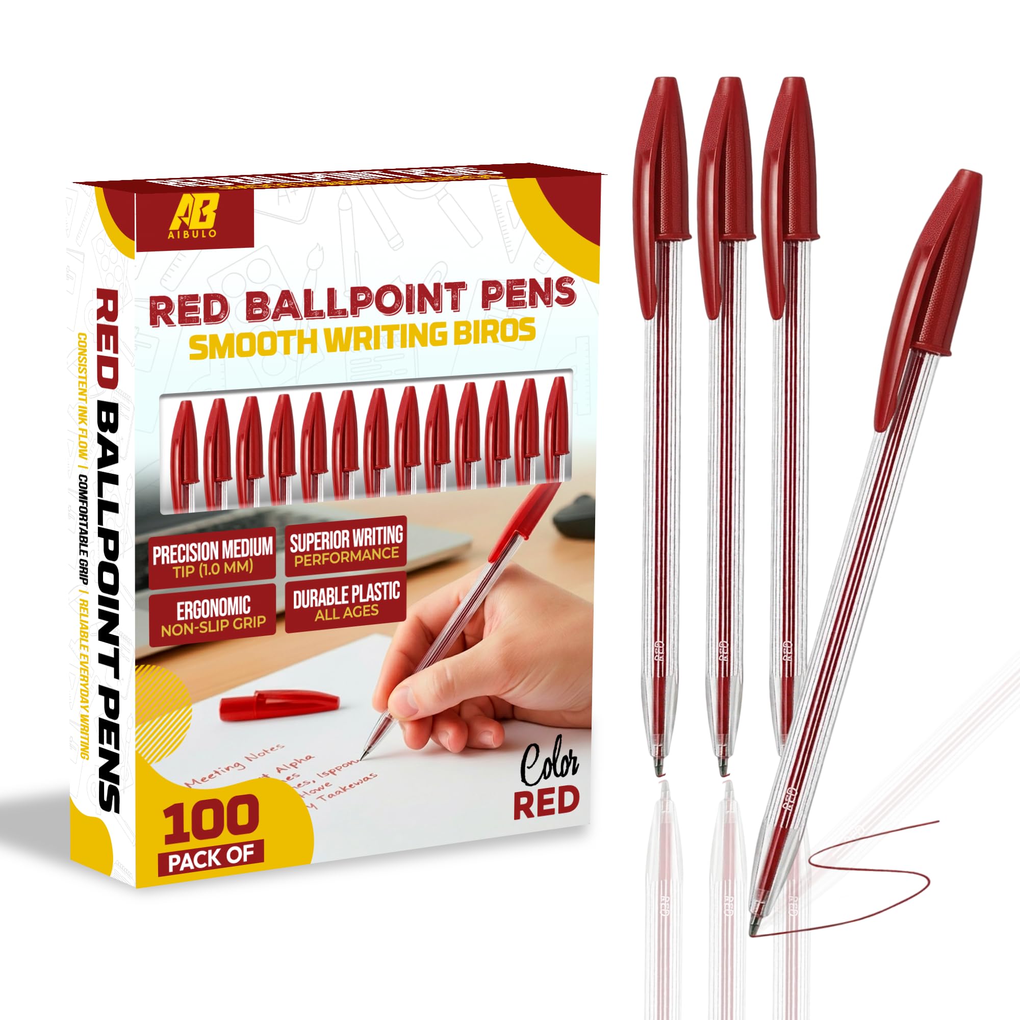 AIBULO 100 Red Ballpoint Pens – 2 x 50 Pack Biro Pens with Smooth Red Ink for Everyday Writing, School, Office & Home Use – Medium Tip Writing Pens, Bulk Stationery Set