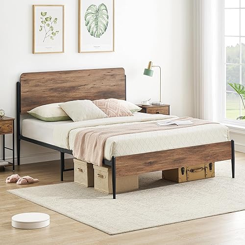 Amyove Base de cama Queen con cabecera y estribo de madera, base de cama de metal resistente con almacenamiento, base de colchón de fácil montaje,