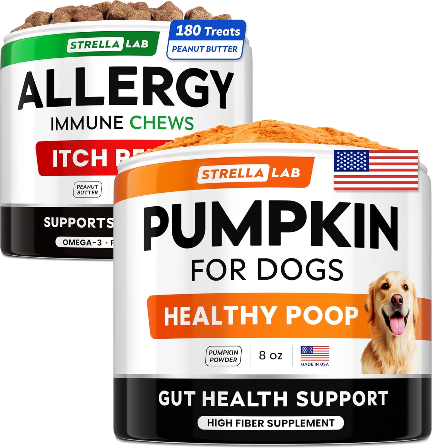 Allergy Relief + Pumpkin for Dogs Bundle - Itchy Skin Treatment + Stool Consistency and Softener - Omega 3 - Itchy Skin, Shedding + Diarrhea, Constipation, Upset Stomach - 180ct + 8.1oz - Made in USA