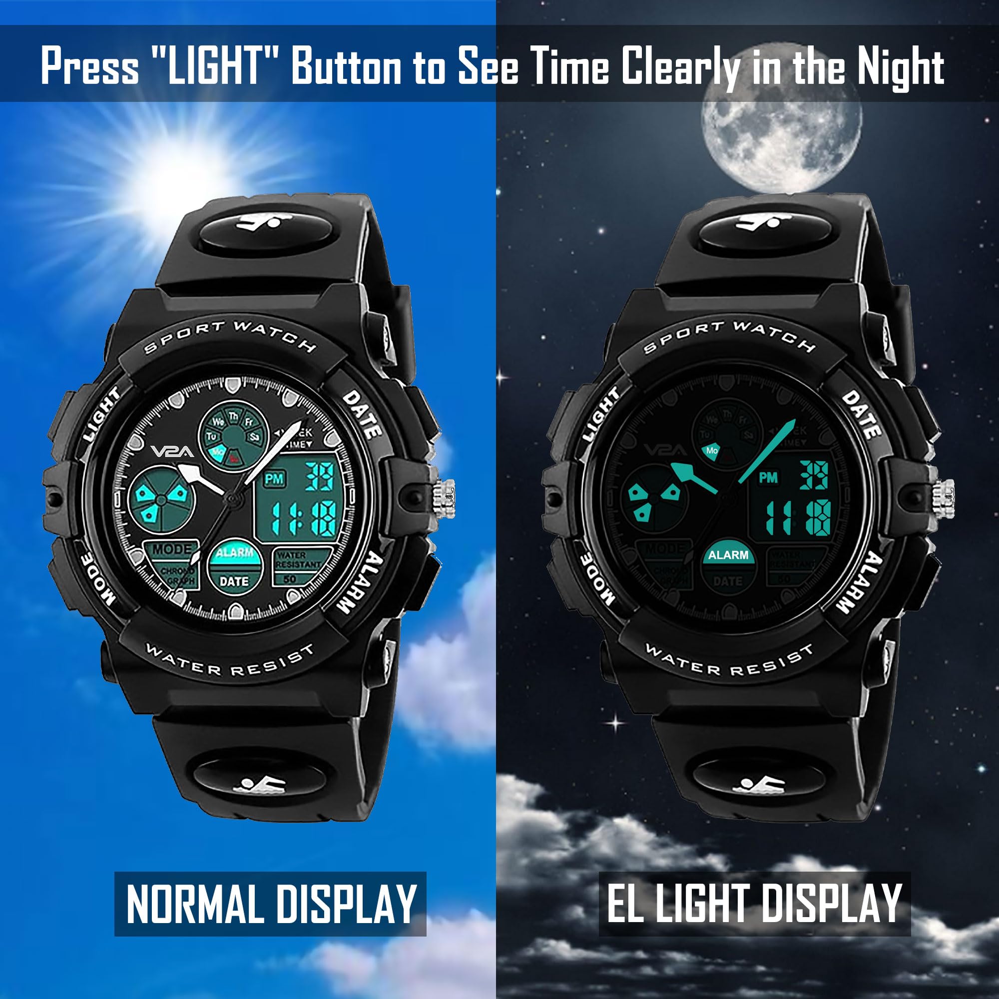 V2A Black Analogue-Digital Shock Resistant Alarm Calender Water Proof Sports Watch For Boys And Girls (Black, Resin) 3