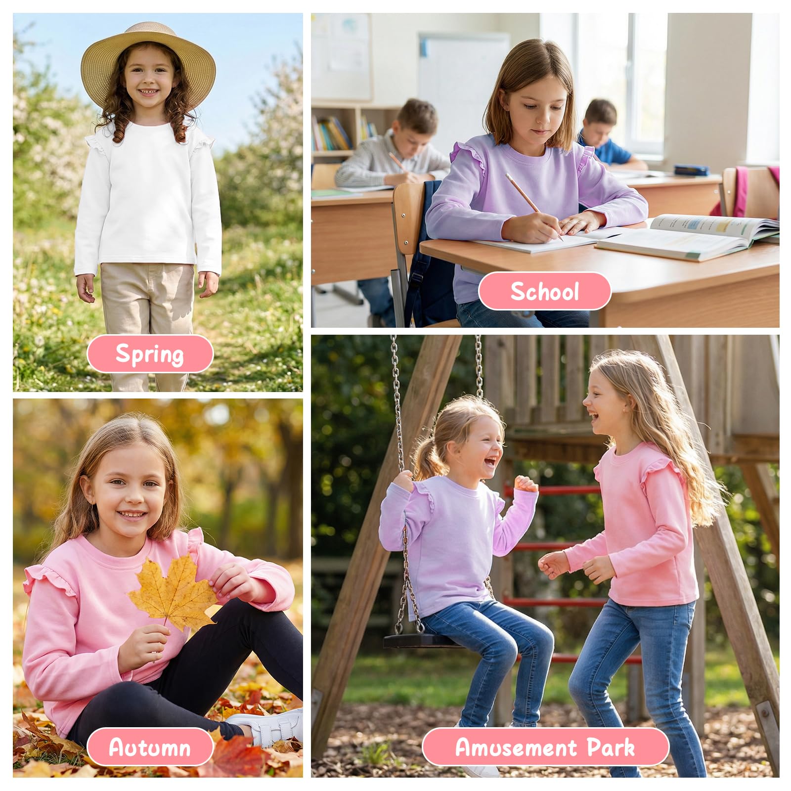 T-Shirt Bambina Ragazze Manica Lunghe Cotone Maglietta con Girocollo Unicolore Arricciate Tee Comoda Casual Base Top Sport Scuola Primavera Autunno Abbigliamento per Ragazza 6-12 Anni