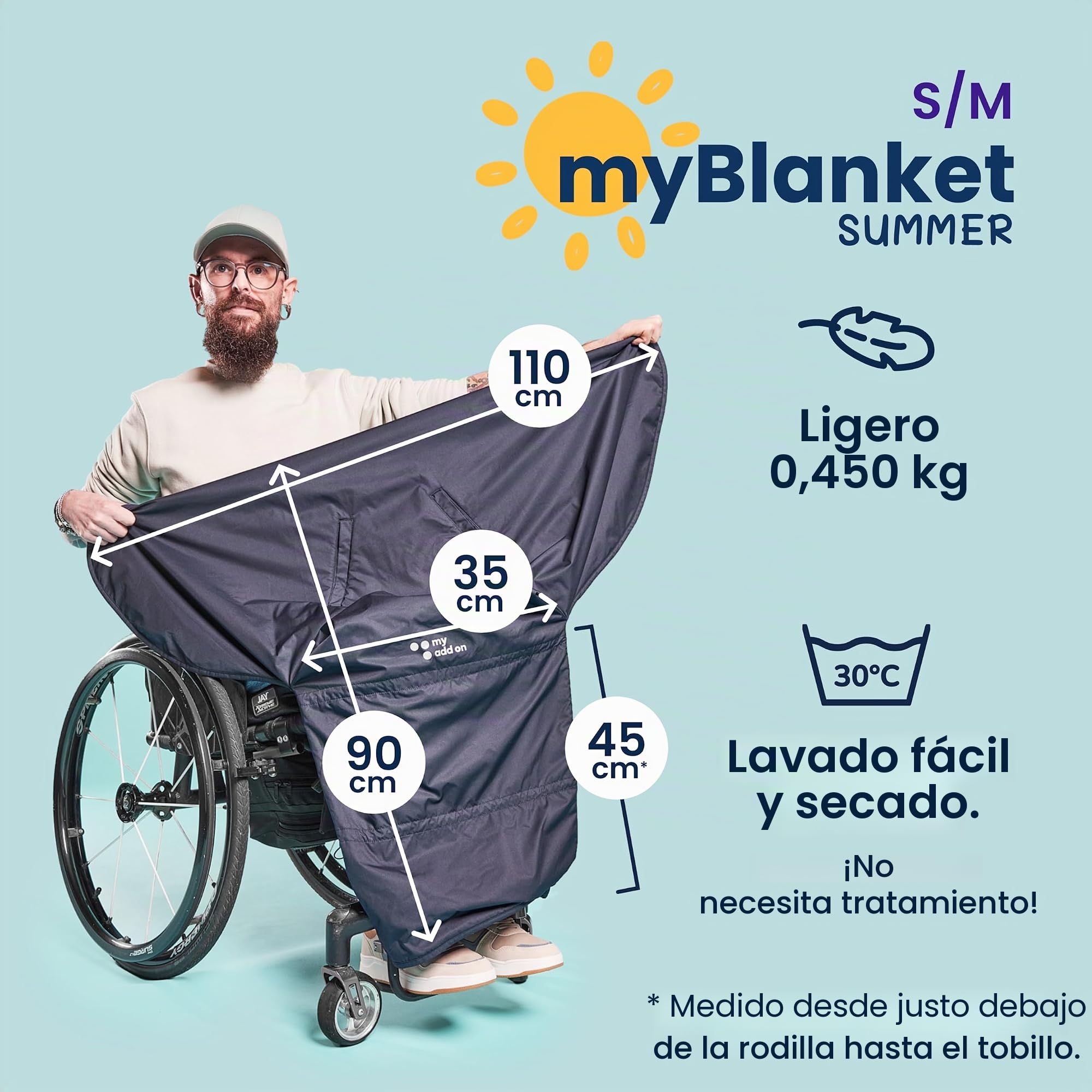 MyBlanket - Manta para silla de ruedas, resistente al viento y al agua, sin levantarse de la silla de ruedas, manual y sillas de ruedas eléctricas, 38 x 24 x 8 cm, lavable a 30 °C, color azul noche