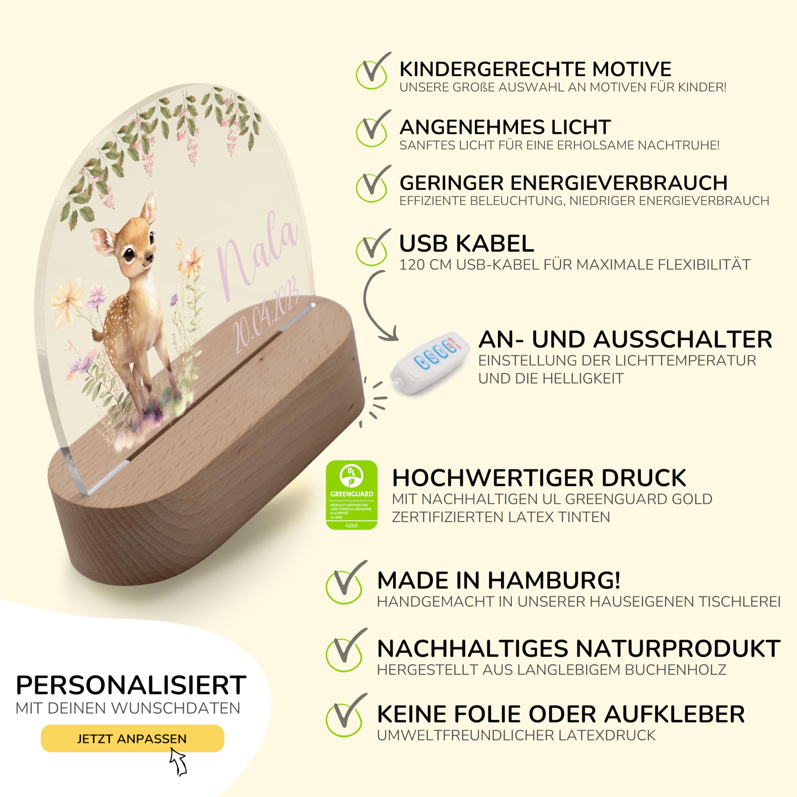 Kidsmood - Nachtlicht Baby - Personalisiertes Nachttischlampe mit Name & LED Stillicht Kinderzimmer, dimmbar - Geschenk zur Geburt, Taufe & Geburtstag für Mädchen & Jungen [Fuchs Floral]