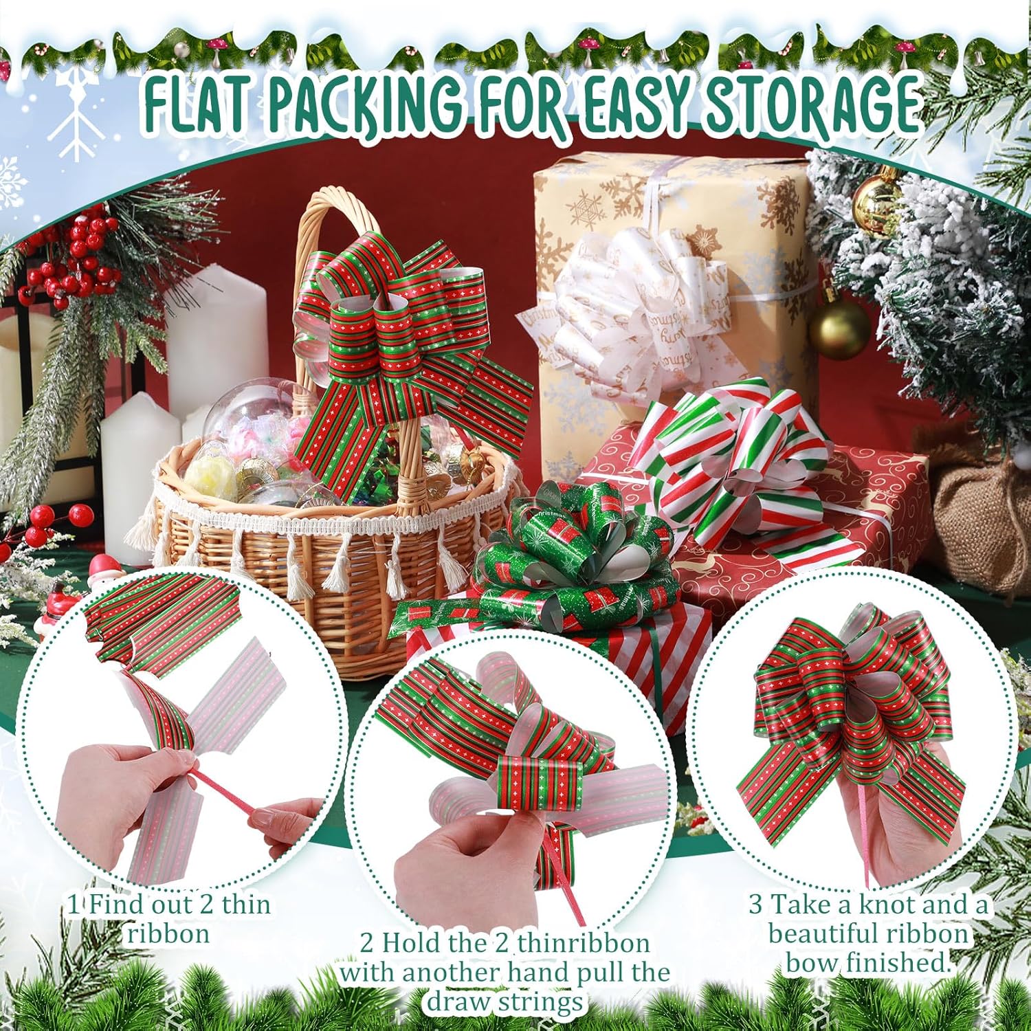 Zeyune 48 Pieces 6 Inch Christmas Pull Bows for Gift Wrapping, Gift Ribbon Wrapping Pull String Bows for Presents, Gift Baskets, Holiday Birthday Decor(Colorful,Trendy) - Image 6