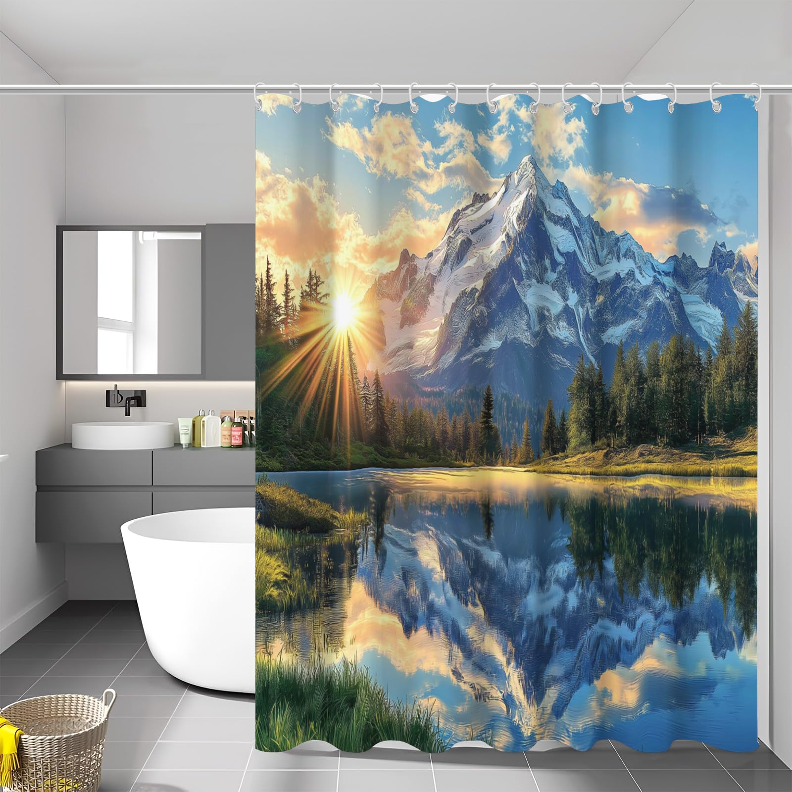Duschvorhang Bergblick, klarer See Duschvorhänge Anti-Schimmel Wasserdicht Stoff Blickdicht Waschbar Bad Vorhang mit Haken für Badzimmer H200 x B180 cm (1er Pack)