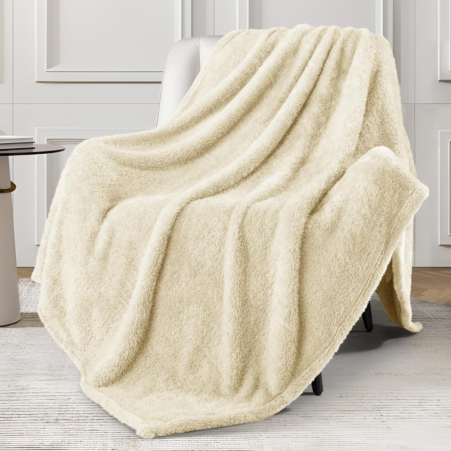 Exclusivo Mezcla Plush Fuzzy Fleece Throw Blanket Extra Large, Super Soft, Fluffy and Warm Blankets for Couch, Bed, Suitable for All Seasons (50x70 Inches, Beige) Beige 50X70 IN