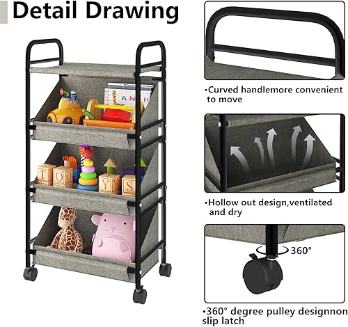 Miniatura 3 de Buzowruil Carrito de almacenamiento de tela rodante con 3 cajas de almacenamiento grandes, ruedas, adecuado para dormitorio, sala de estar, entrada,