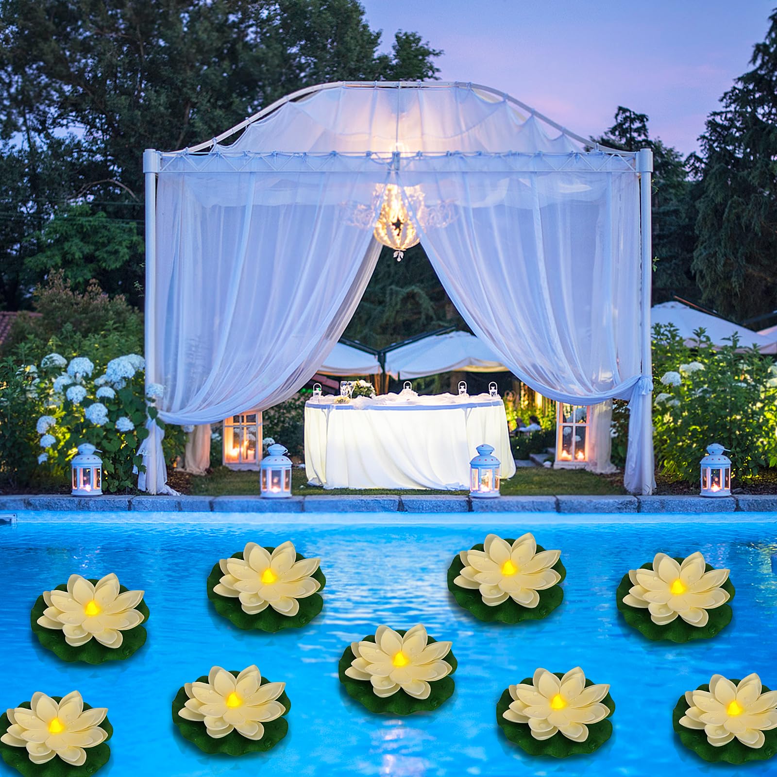 LACGO LED-Lampe, batteriebetrieben, gemischte Farben, wasserfest, schwimmend, Lilienblume mit Farbwechsellicht, Nachtlampe für Pool, Garten, Aquarium, Hochzeit, Party, 6 Stück 7''4.3'' Weißes Licht