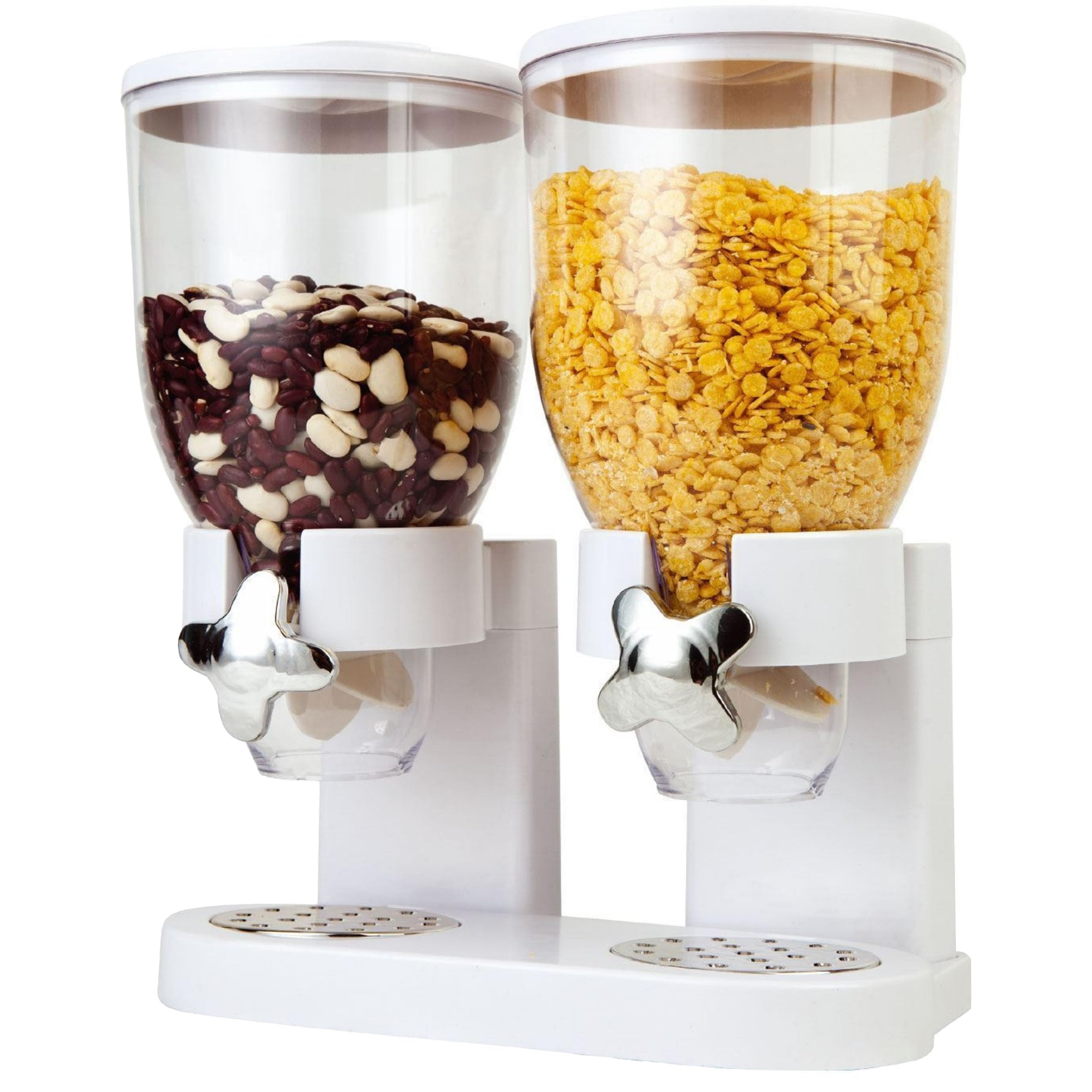 Double Cereal Dispenser Classic Dry Food Double Canister, Dry Food Dispenser Control Storage Container, Great for Cornflakes, Candy, Nuts, Beans, Granola - Kitchen Storage Dispenser, Lilac/White