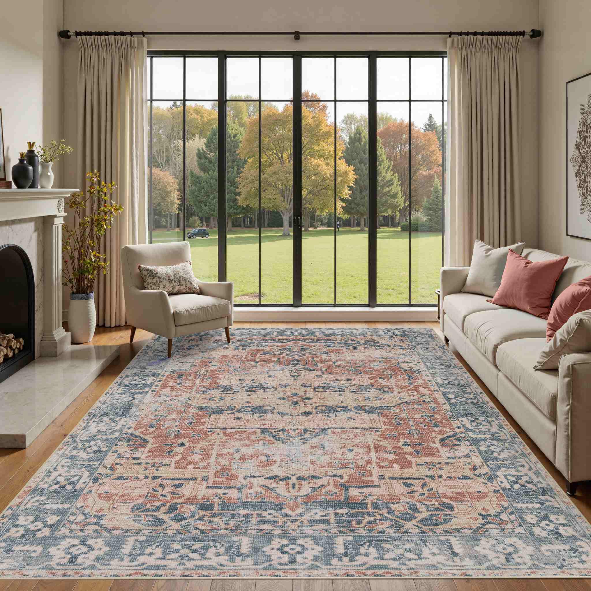 Rugxara 6x9 Area Rugs for Living Room Bedroom, Large Washable Rug, Coral Vintage Floral Boho Style, Non Slip & Low Pile Carpet for Indoor Dining Room,