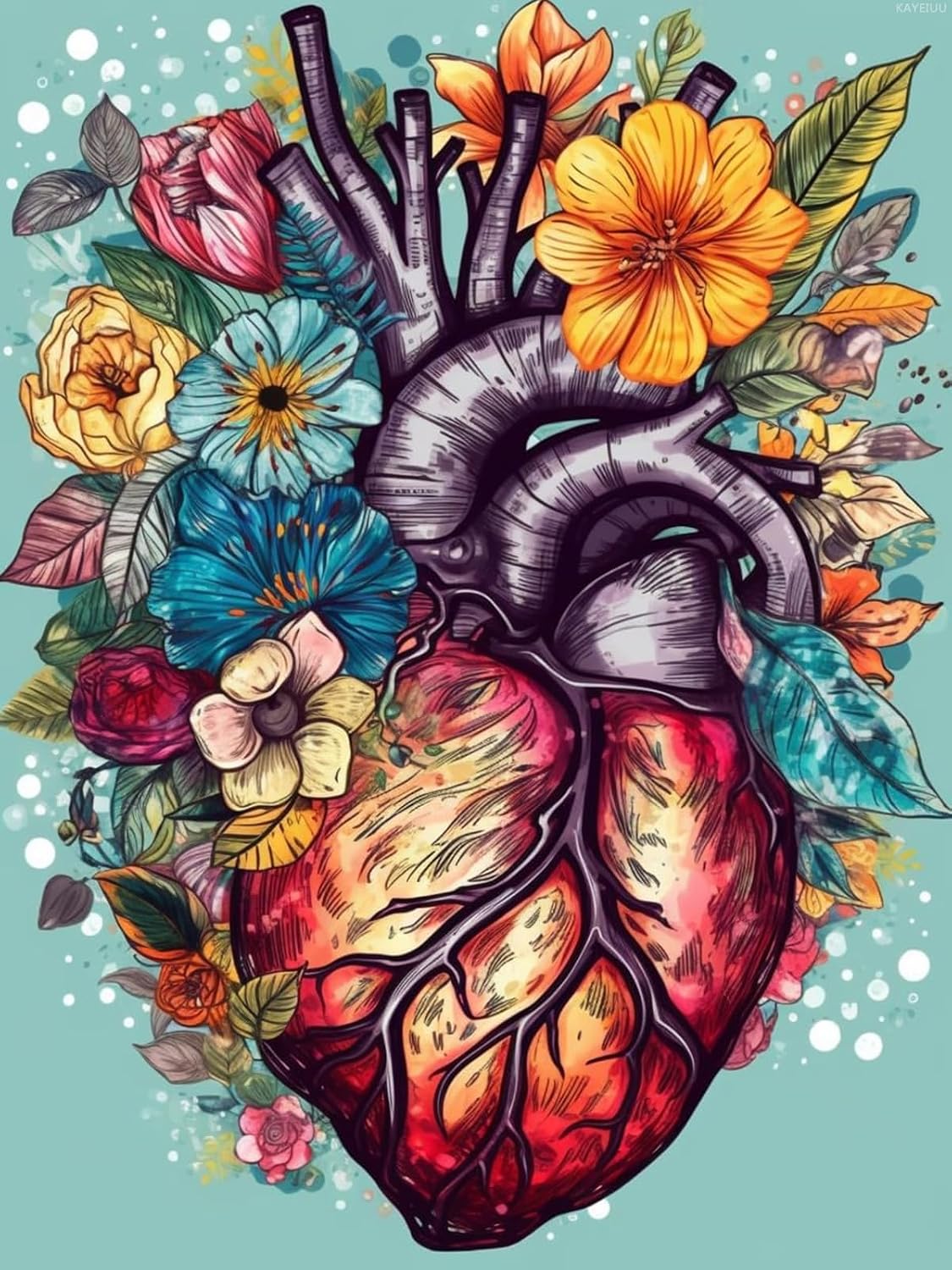 KAYEIUU Diamond Art Painting Heart Anatomy Art Flower Cross Colorful Kit for Adults Diamond Art Painting by Number Kits Gem Art Wall Home Decor 12x16 inch