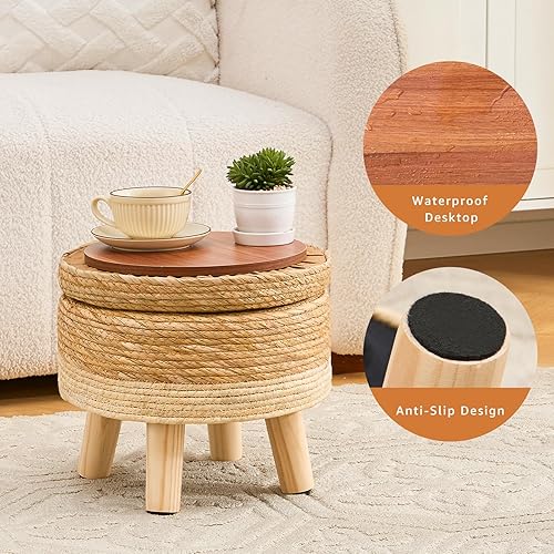 Miniatura 5 de Cpintltr Pufs otomanos de almacenamiento, reposapiés tejido a mano, reposapiés redondo natural con 4 patas de madera, asiento acolchado suave para