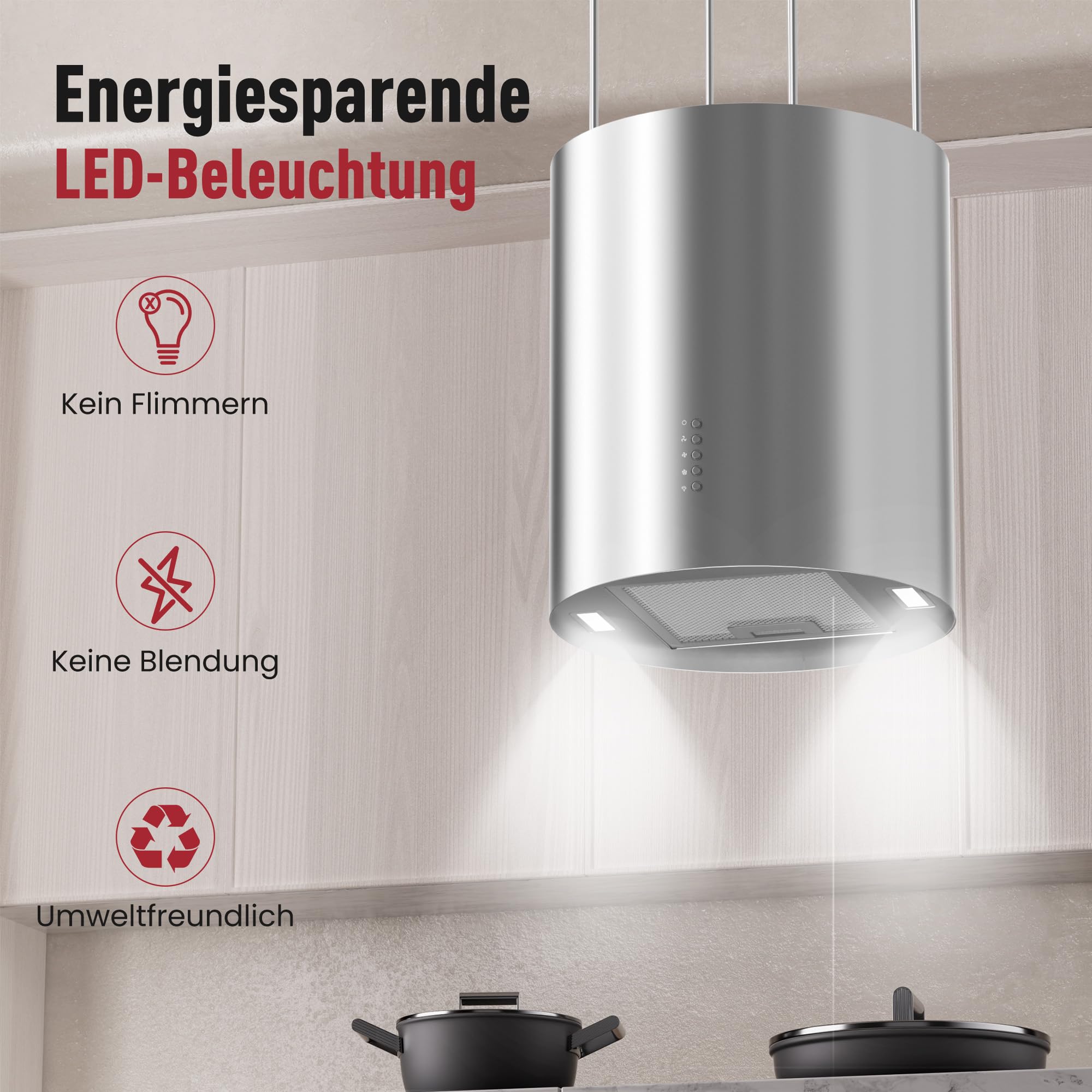 LEVIVO A+ Inselhaube Umluft Freihängend 530 m³/h Dunstabzugshaube 2 Aktivkohlefilter 1 Fettfilter 3 Stufen Booster 2 LEDs Silber