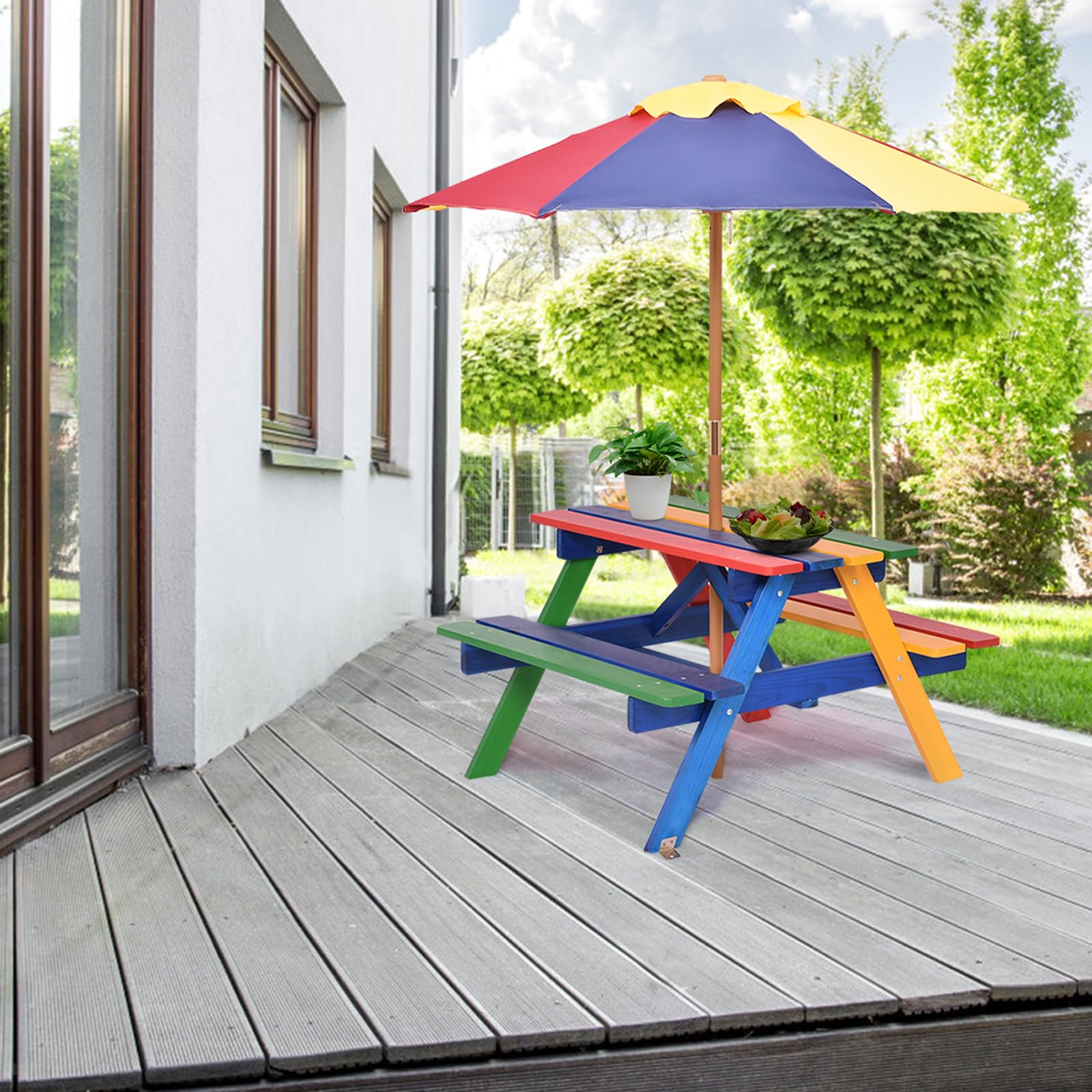 COSTWAY Set con Tavolo Picnic di Legno e Ombrellone per Bambini, Tavolo e Panchina con 4 Posti e Ombrellone Pieghevoli, Tavolino e Sedie Multiuso per Esterno Giardino Cortile
