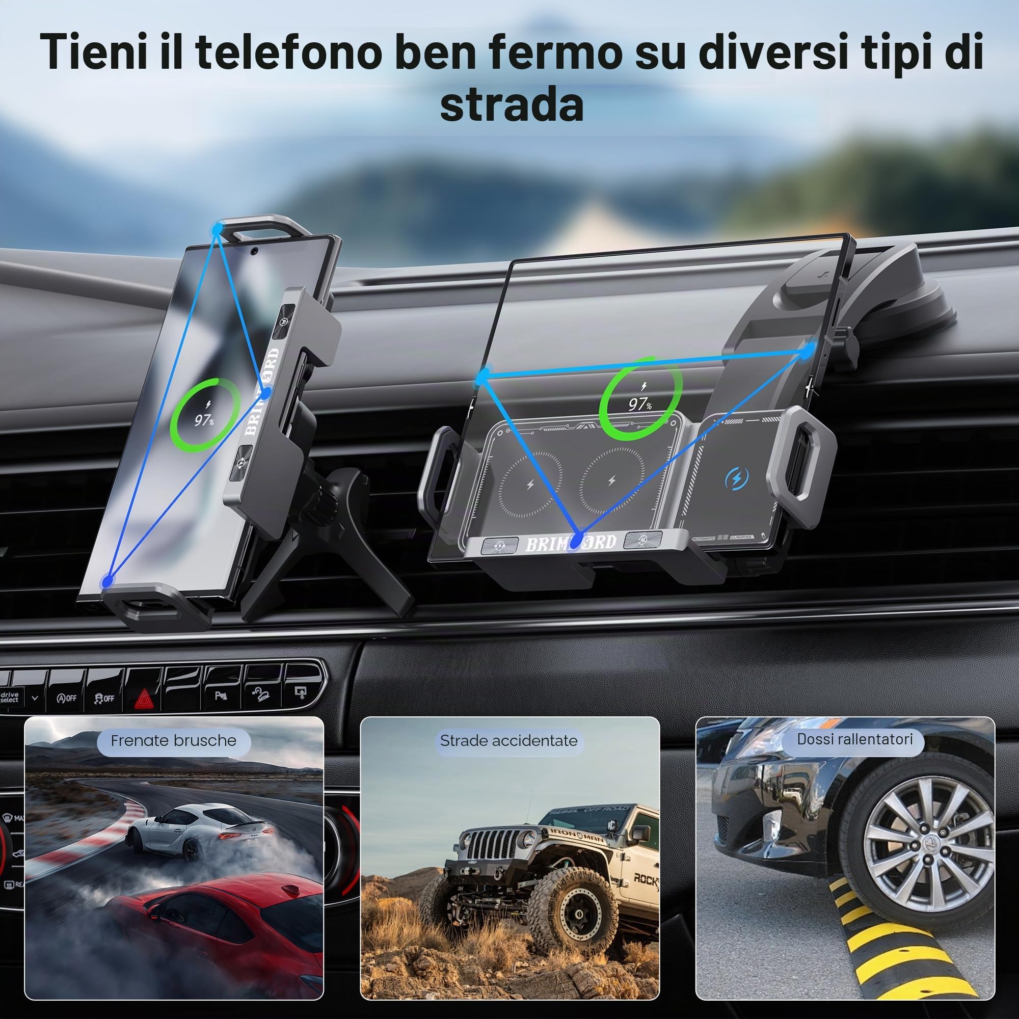 Supporto Telefono Auto Universale per Samsung Galaxy Z Fold 7/6/5/4 Z Flip 7,per iPhone, con Ricarica Wireless Veloce Qi, Rotazione 90°, Fissaggio 2in1 Bocchetta Aria/Cruscotto