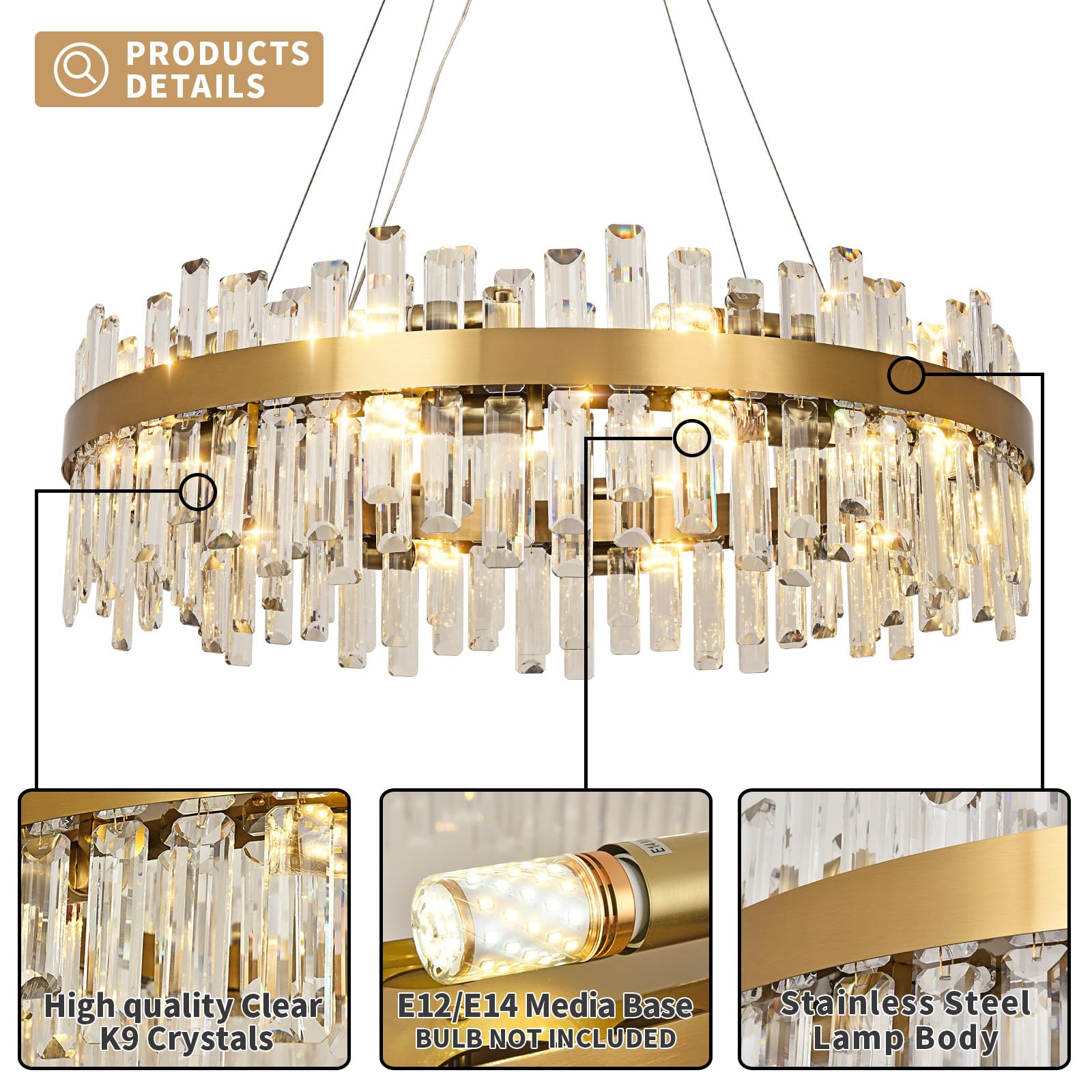 Lampadario moderno di cristallo a sospensione d'oro, lampada di cristallo a sospensione rotonda, 20xE14 lampada a sospensione per soggiorno, sala da pranzo, camera da letto, Φ80cm