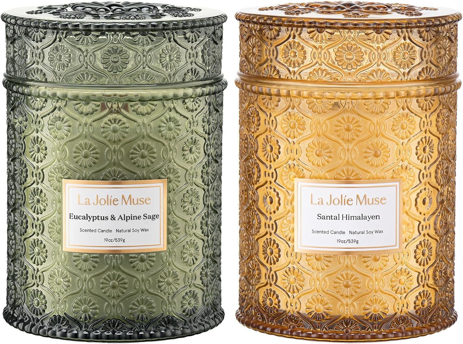 LA JOLIE MUSE Holiday Glow Candle Duo | 2 * 19 oz | Eucalyptus & Alpine Sage | Santal Himalayen | Quiet, Tranquil, Calm | Soy Candles with Wooden Wicks | Gift-Wrapped Christmas Candle Set
