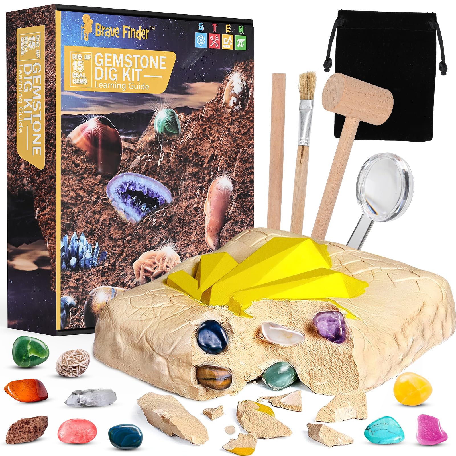 kolegend Gemstone Dig Kit, Dig Up 15 Real Gemstones and Crystals, Science/Mining Kit for Kids, Rock Digging Excavation Kit, Gift for Girls and Boys