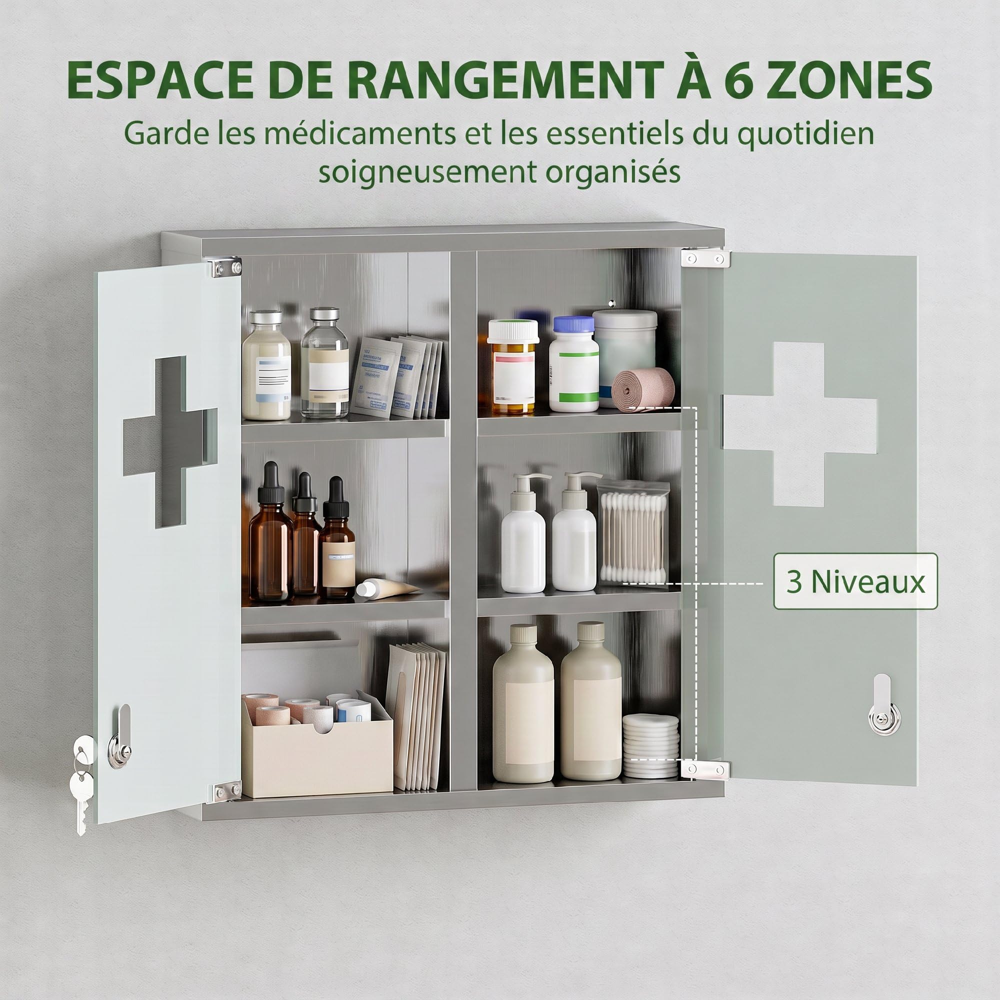 HOMCOM Armoire à Pharmacie Murale 6 Compartiments 46 x 12 x 48 cm Argenté