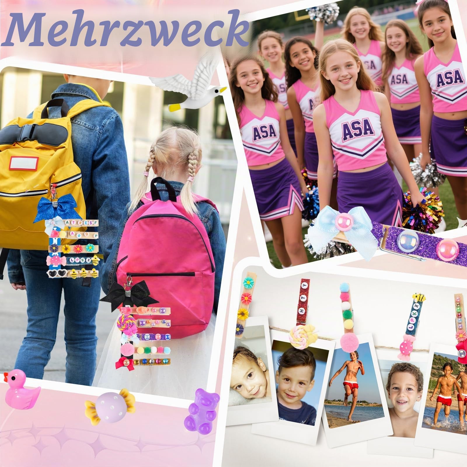 80 Stück Spirit Clips Wäscheklammern Holz Cheer Pins für Rucksäcke Mit 90 Mini-Harz-Enten, Mini-Schleifen, Kleidernadeln, Dekorationen, Band, Team, Klassenzimmer