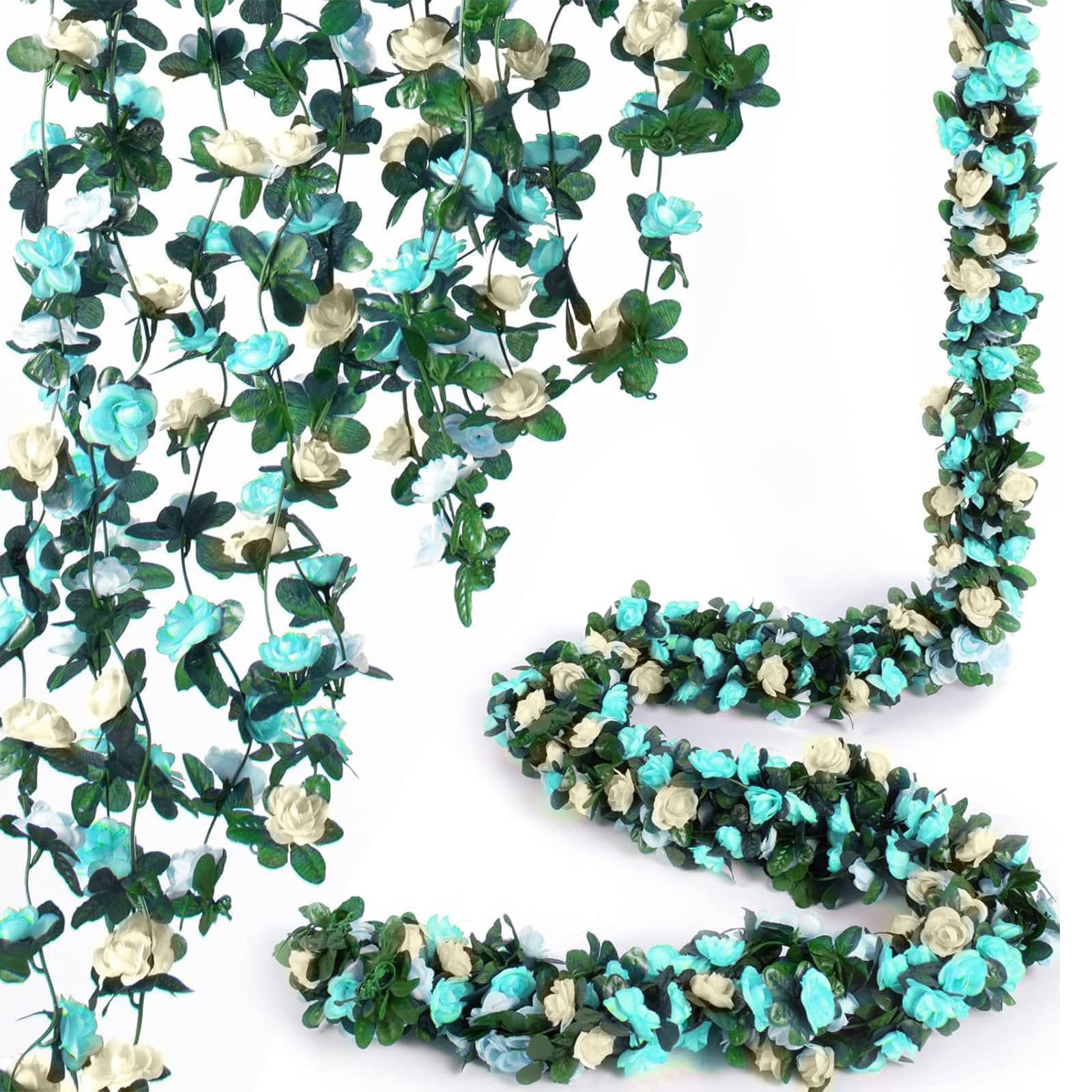 HUANYO Artificial Flowers Garland - 2 Pack of 2.4M Vine, 45 Heads Simulated White Roses Each, Realistic Faux Flowers for Wedding Arch, Home Garden Indoor Outdoor Decor (white-blue)