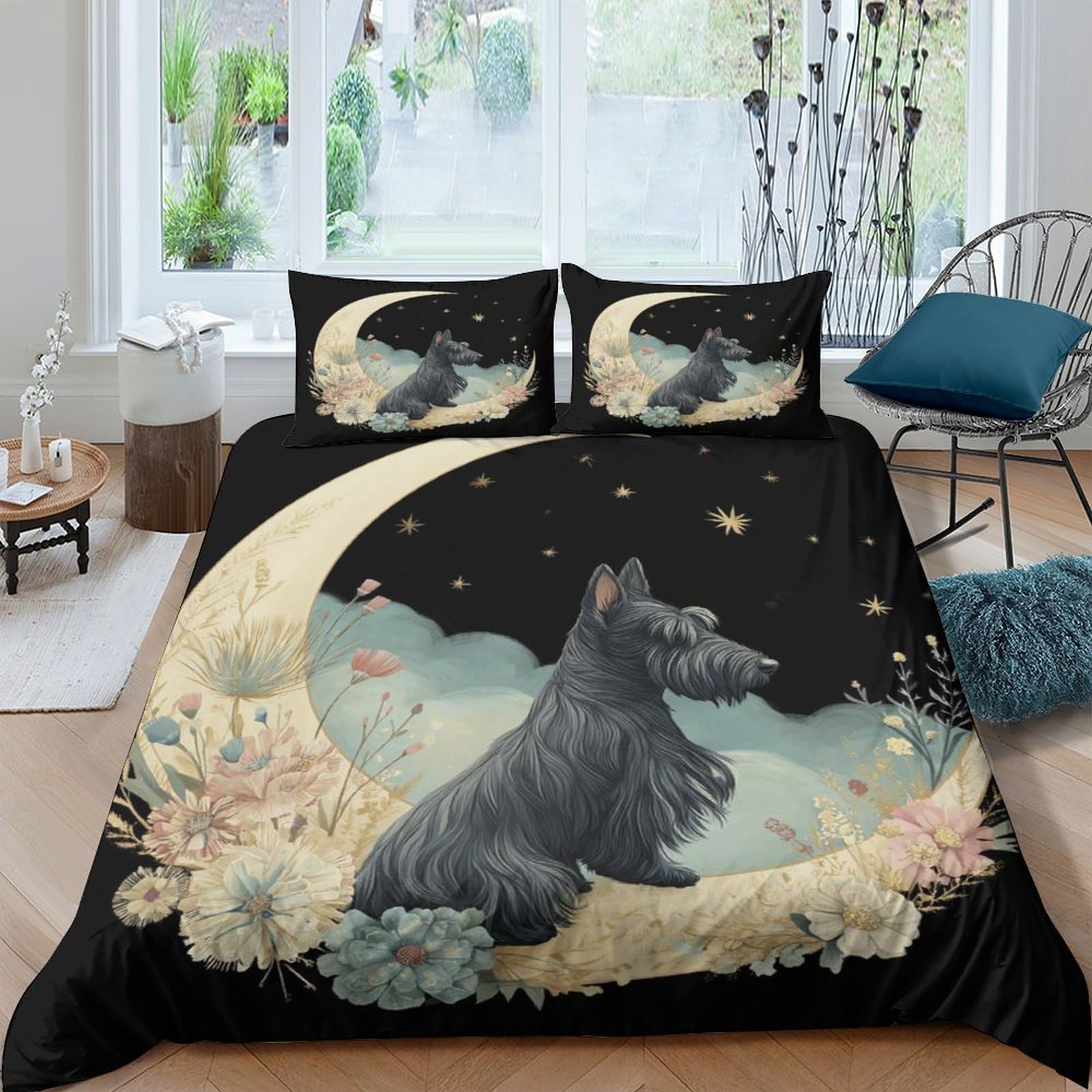 Ctjqhvkz Style-8 3D Printed Moon Night Dog Fitted Sheet Microfiber Soft Breathable Starry Flowers Bed Sheet For Bedroom Guestroom Single（135X200cm）