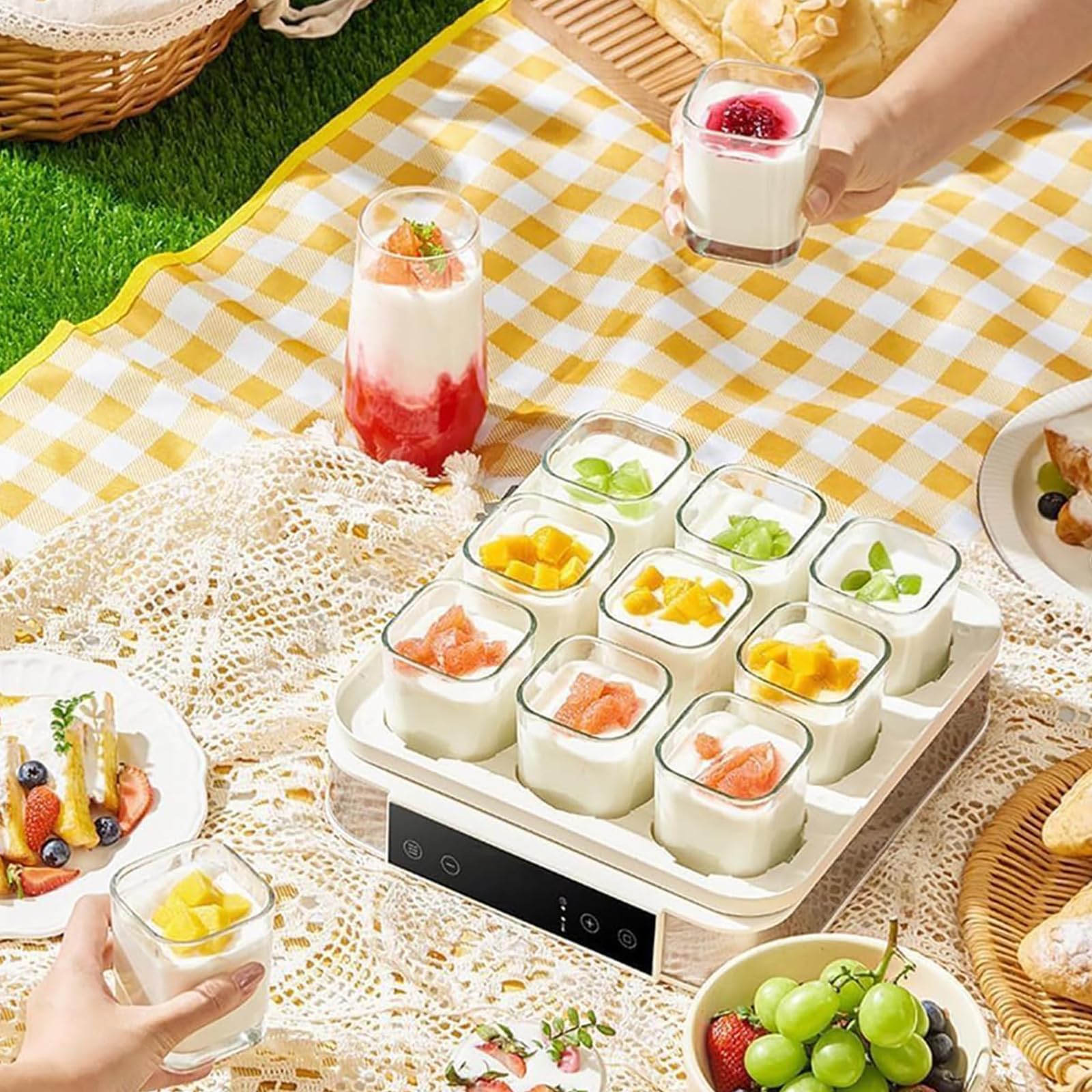 Automatic Yogurt Maker - 9 × 170ML Szklane Słoiki, Regulowana Temperatura & Timer, 40W Stalowa Maszyna Fermentacyjna do Jogurtu Greckiego, Chleba, Natto & Wina Ryżowego