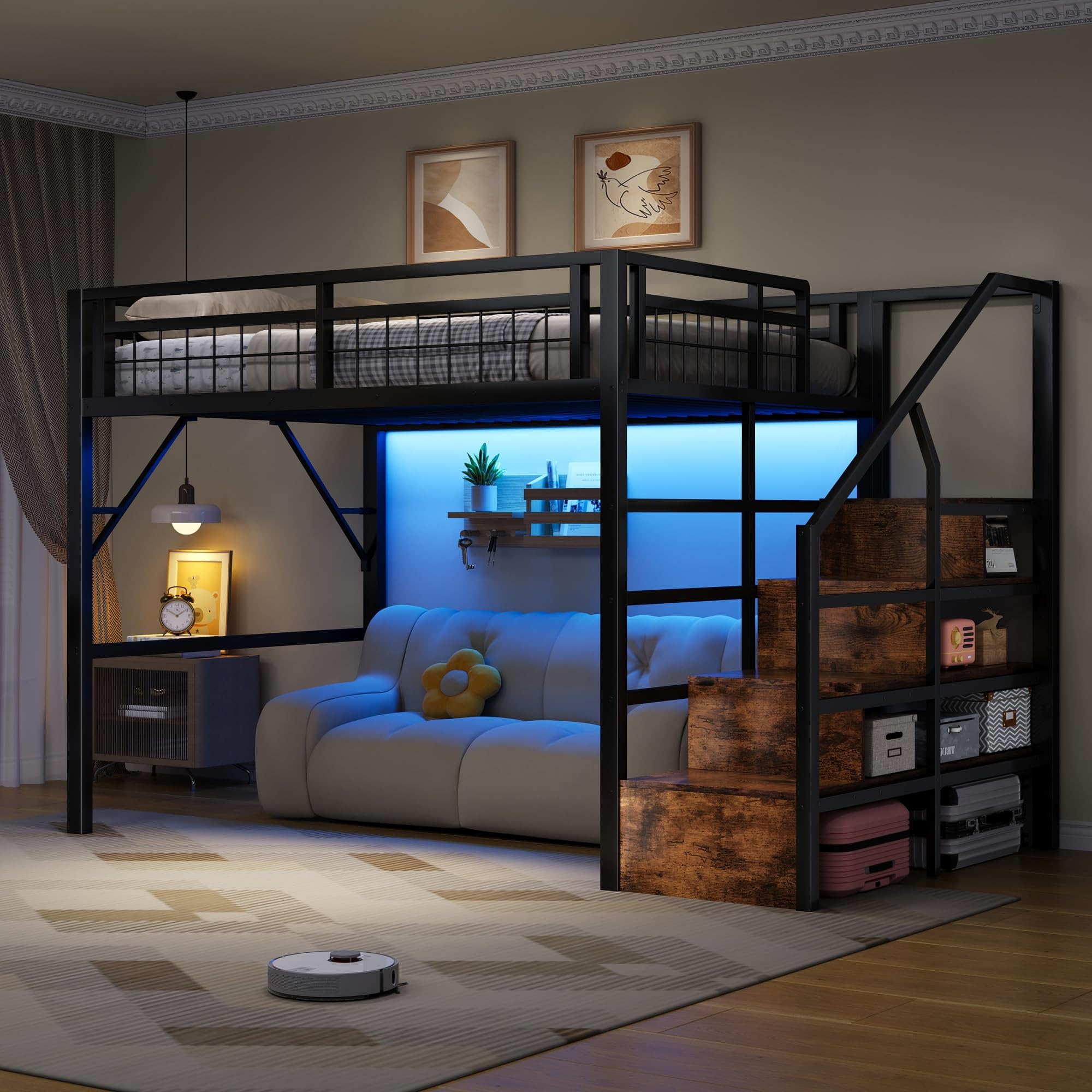 Letto a soppalco in metallo 140 x 200 cm, con luce LED, Letto matrimoniale a soppalco, spazio utilizzabile sotto il letto, scala di sicurezza con vano contenitore, Nero (materasso non incluso)