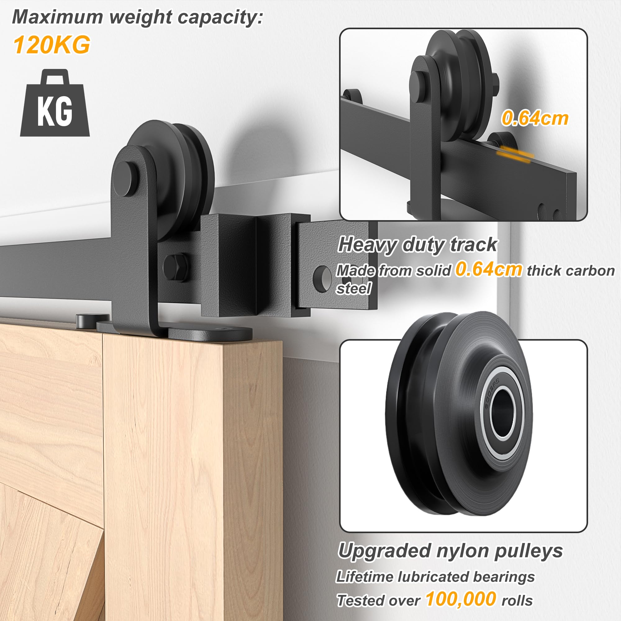 Kit de puerta corredera de 201 cm, kit de puerta corredera de madera individual, kit de puerta corredera de granero resistente, puerta corredera negra con carga superior (SD2+6.6-6)